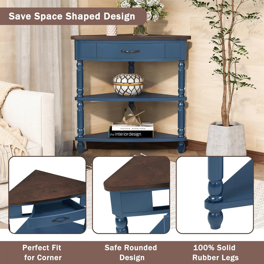 33.8" Small Triangle Corner Table, Wood Corner Side Table for Small Spaces, 3 Tier End Corner Table with Solid Wood Legs, Navy Blue