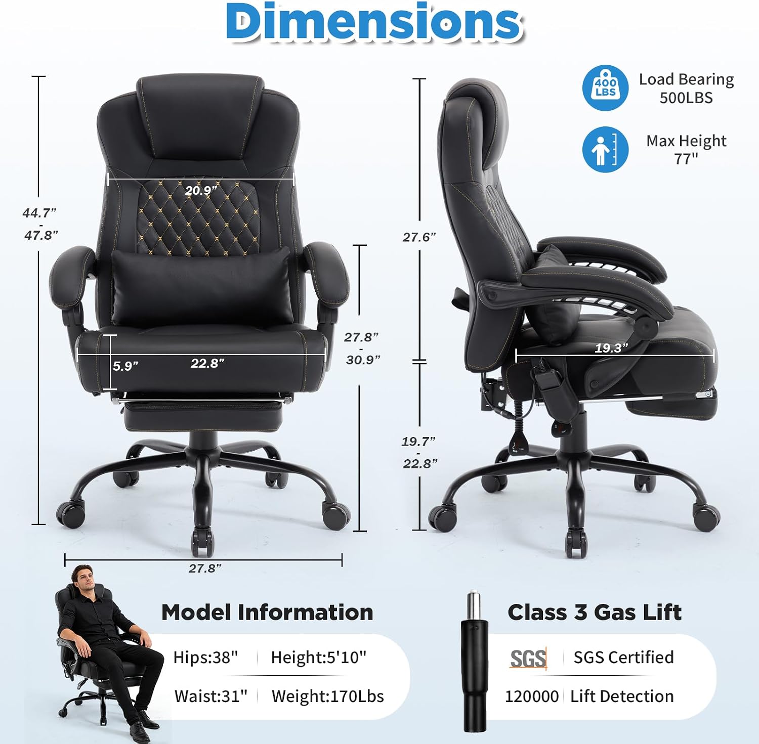 3D Kneading Massage Office Chair, 500lbs Big and Tall Ergonomic Reclining Office Desk Chair with Foot Leg Rest,Black