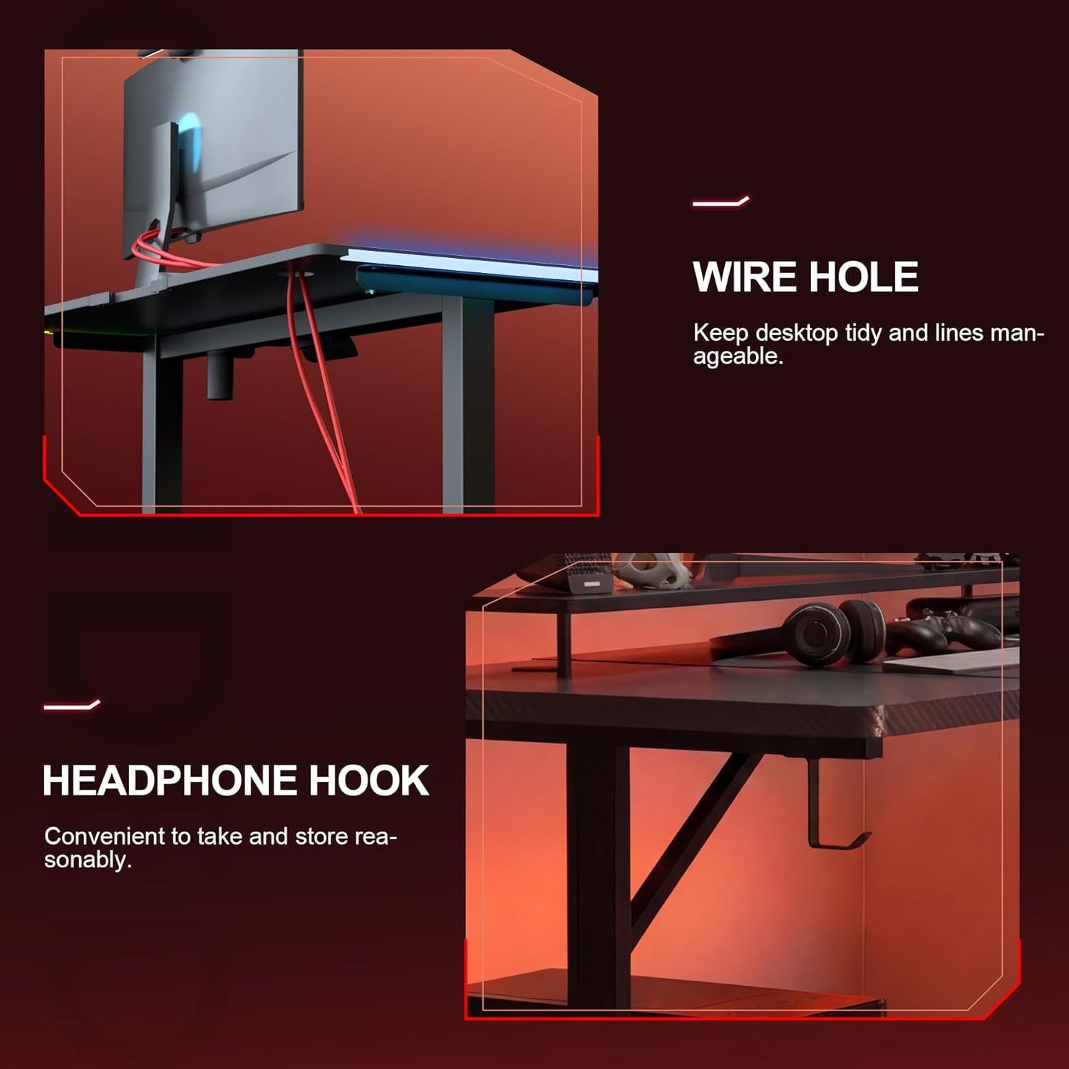 GTPLAYER 55 Inch Gaming Desk with LED Lights, Large Computer Desk with Mouse Pad for Home Office, T-Shaped Carbon Fibre Surface PC Game Workstations with Headphone Hook