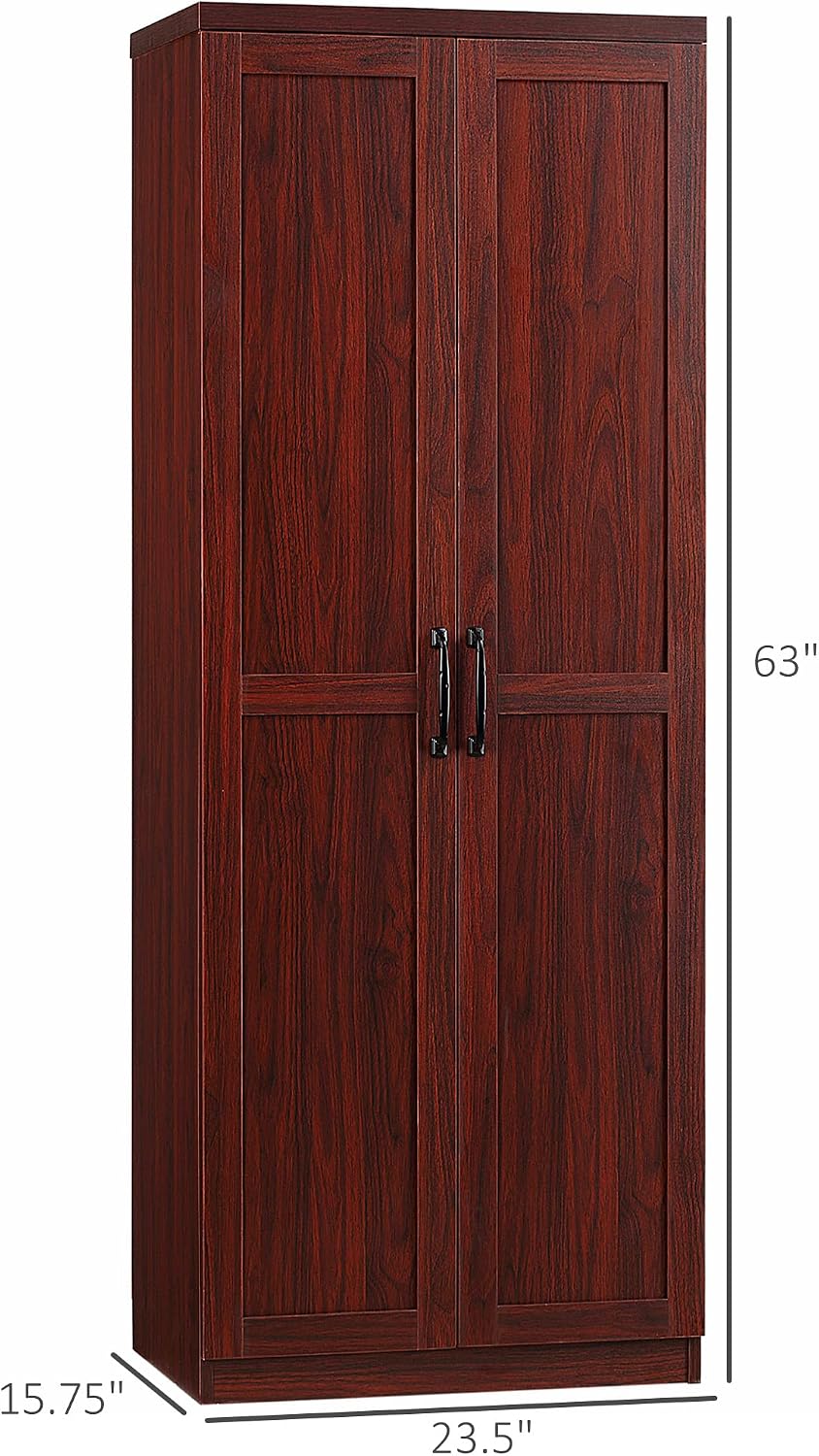 63" 2-Door Kitchen Pantry, Freestanding Storage Cabinet with 5-Tier Shelving and 2 Adjustable Shelves for Dining Room, Cherry Wood Color