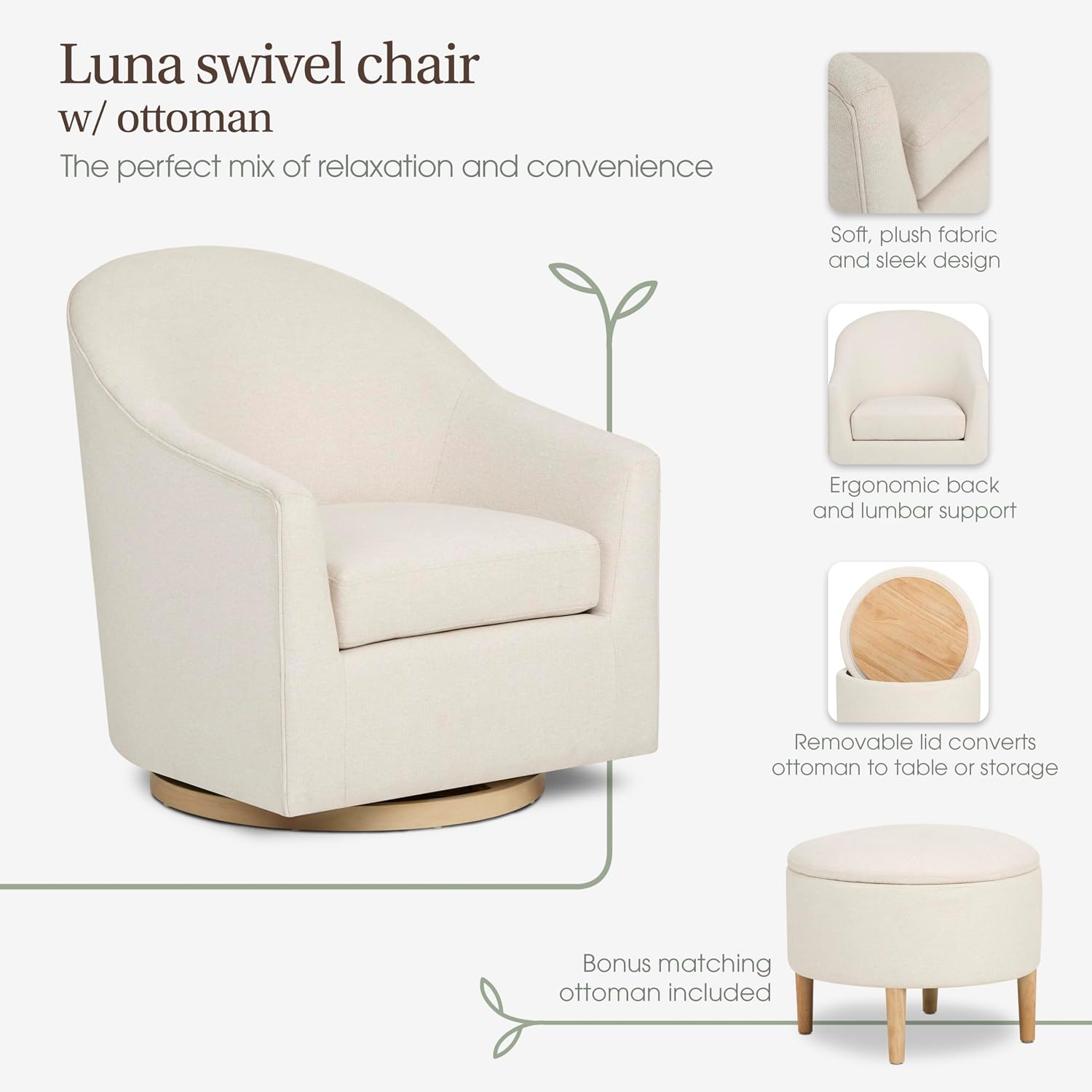 Evolur Luna Swivel Chair & Ottoman with 360-degree Swivel and Soft, Plush Fabric and Sleek Design, Sturdy Wooden Base