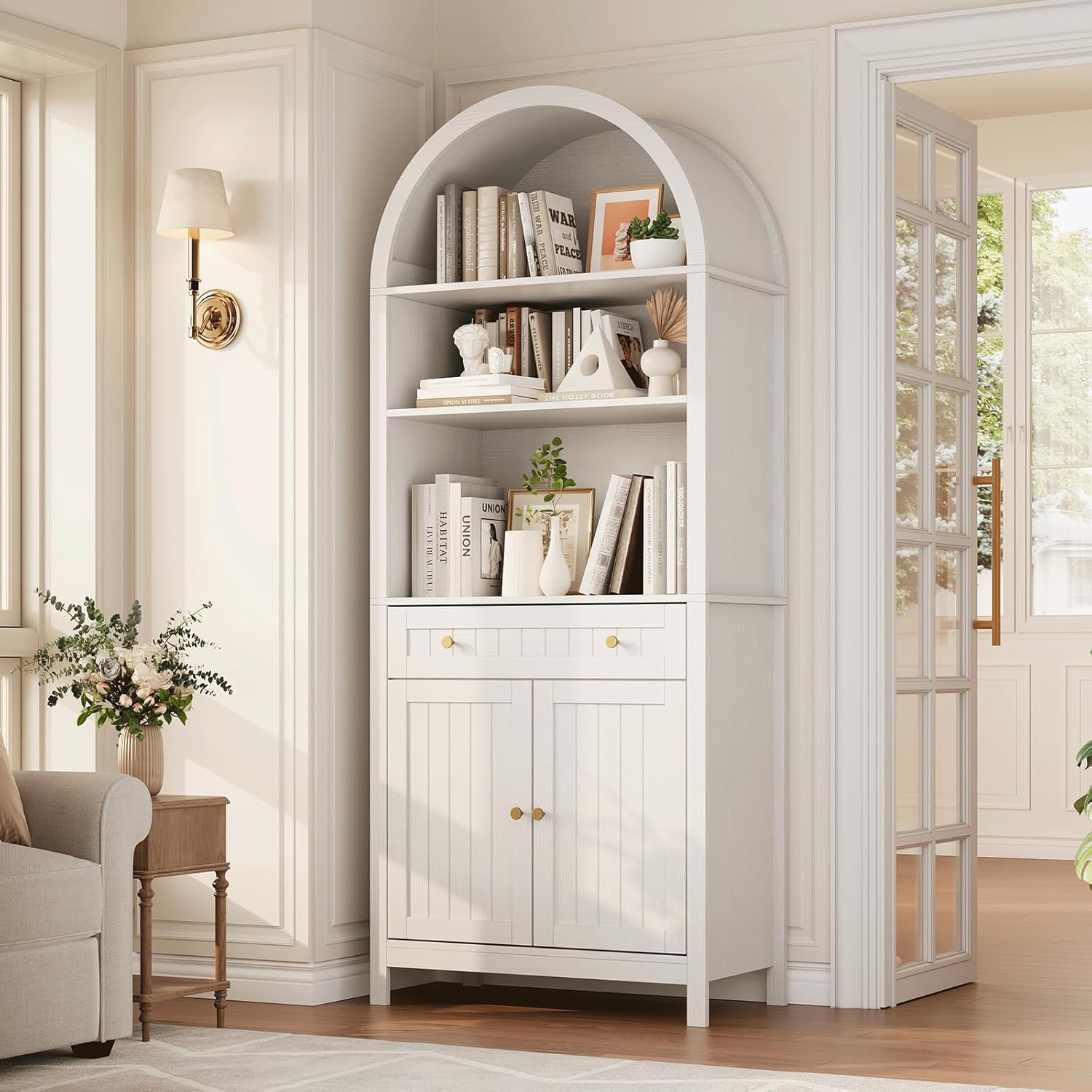 73" Tall Arched Cabinet, Arched Kitchen Pantry with Adjustable Shelves, Modern Display Storage Cabinets, Wooden Pantry Cabinet for Living Room, Dining Room