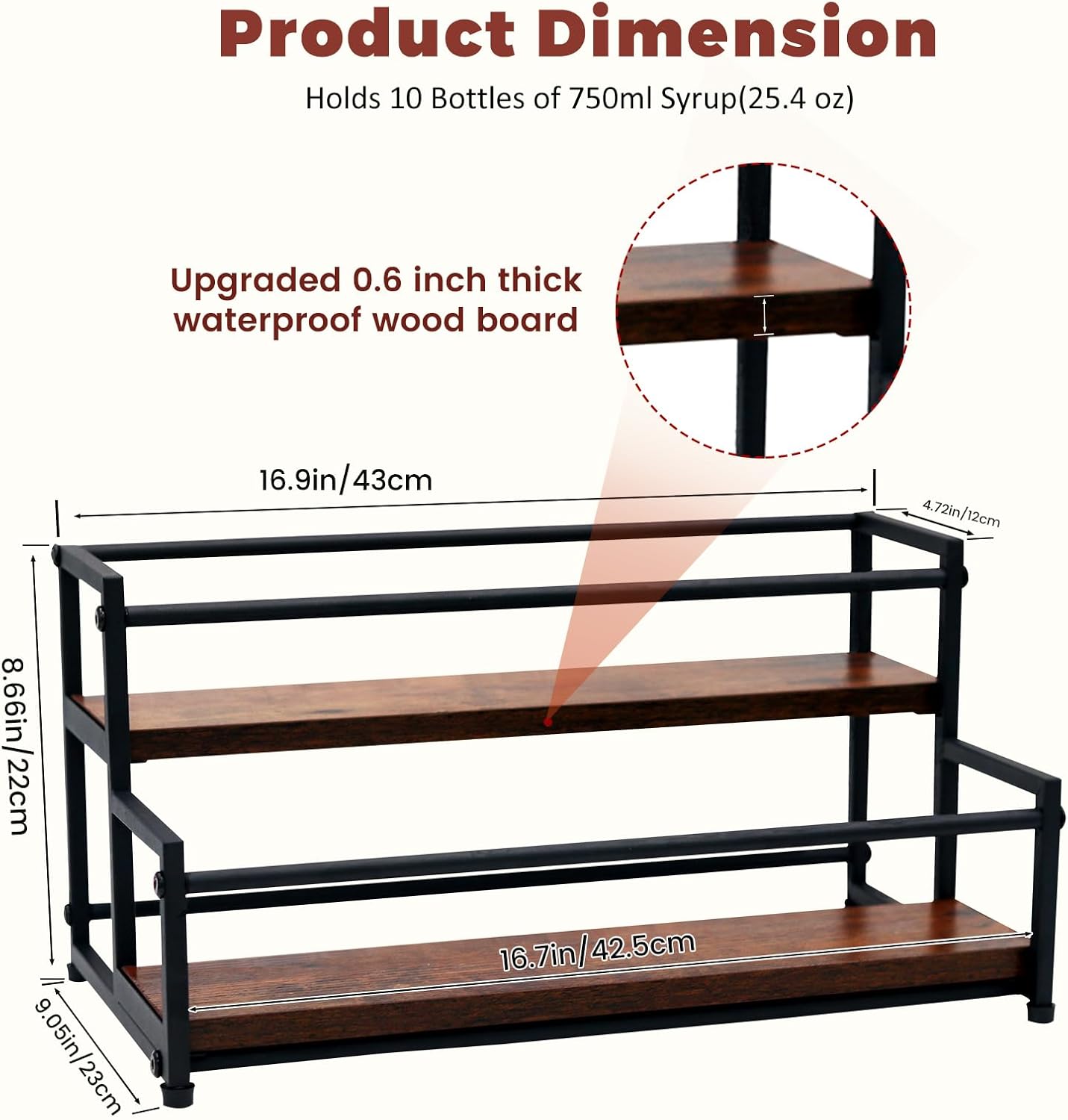 Coffee Syrup Rack Organizer, 2-Tier | Metal Bottle Holder, 10 Bottles Capacity, Rustic Countertop Display Shelf, For Coffee Bar, Kitchen Cabinet, Pantry