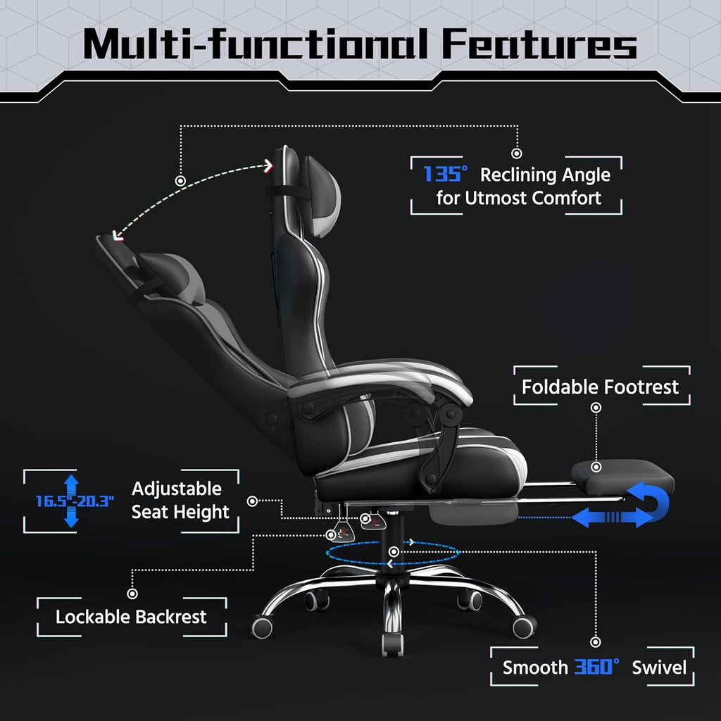 Yaheetech Gaming Chair with Electric Massage Lumbar Support, Footrest & Headrest — Ergonomic High Back Recliner for Home Office, Computer Desk Chair, Height Adjustable, 300 lbs, Black/White