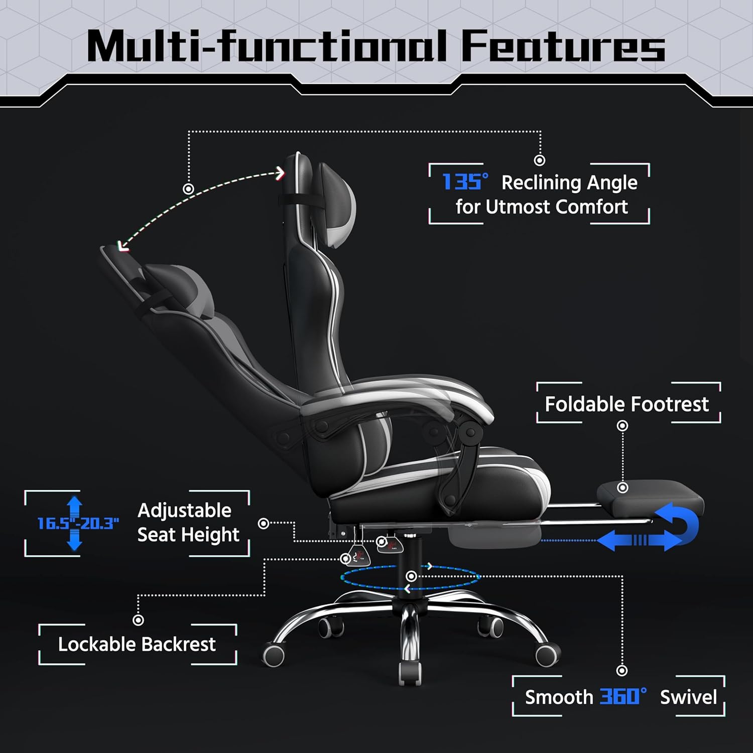 Yaheetech Gaming Chair with Electric Massage Lumbar Support, Footrest & Headrest — Ergonomic High Back Recliner for Home Office, Computer Desk Chair, Height Adjustable, 300 lbs, Black/White