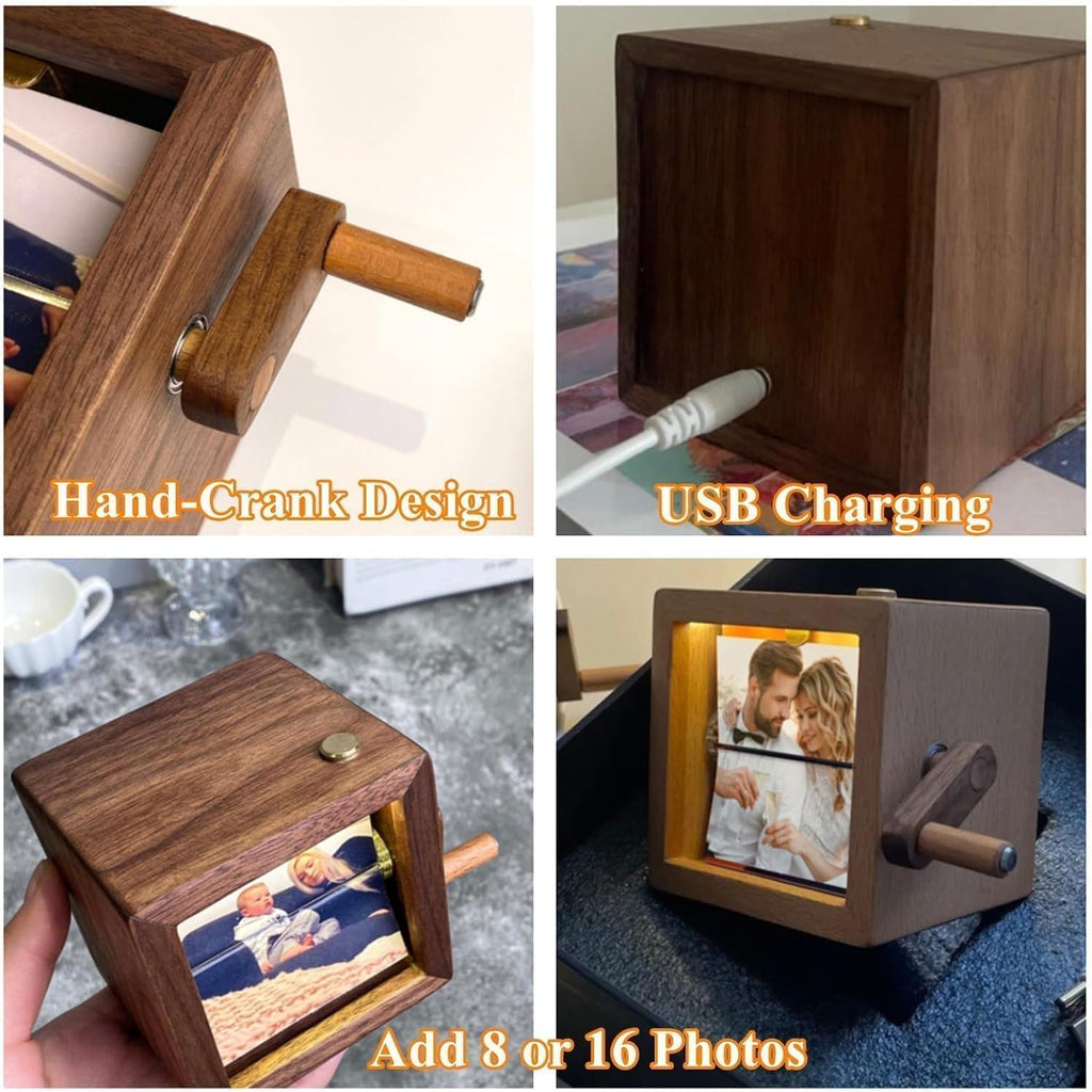 Custom Flip Photo Book, Personalized 8 or 16 Photo Flip Box Frame Animation Machine, Custom Hand-crank Flipbook Box Album with Light, Music, Gifts for Mothers Day Birthday (Walnut)