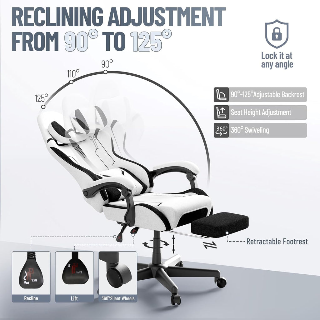 Ferghana Breathable Fabric Ergonomic Gaming Chair, Ergonomic High Back Gamer Chair with Footrest and Linkage Armrest, Office Computer Video Game Chair for Adult, White/Black