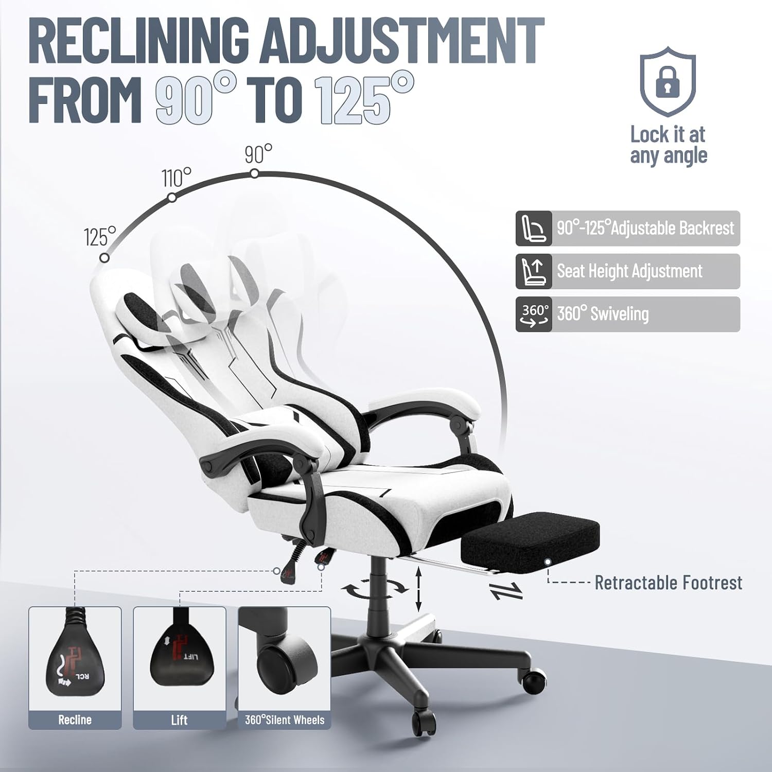 Ferghana Breathable Fabric Ergonomic Gaming Chair, Ergonomic High Back Gamer Chair with Footrest and Linkage Armrest, Office Computer Video Game Chair for Adult, White/Black