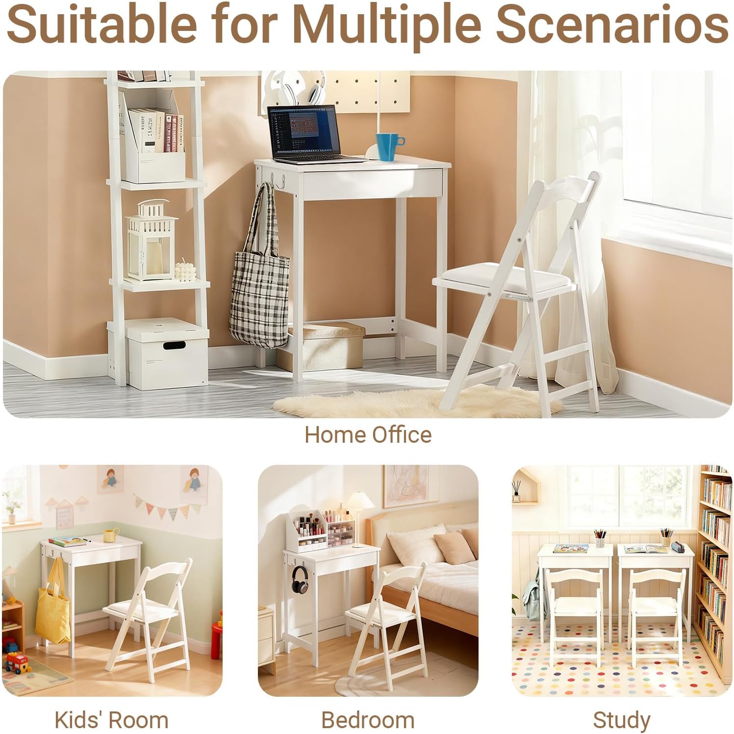Haotian Small Desk with Drawers, Mini Writing Table, Vanity Table Computer Workstation Children Teenagers Desk with Hooks, White FWT43-W