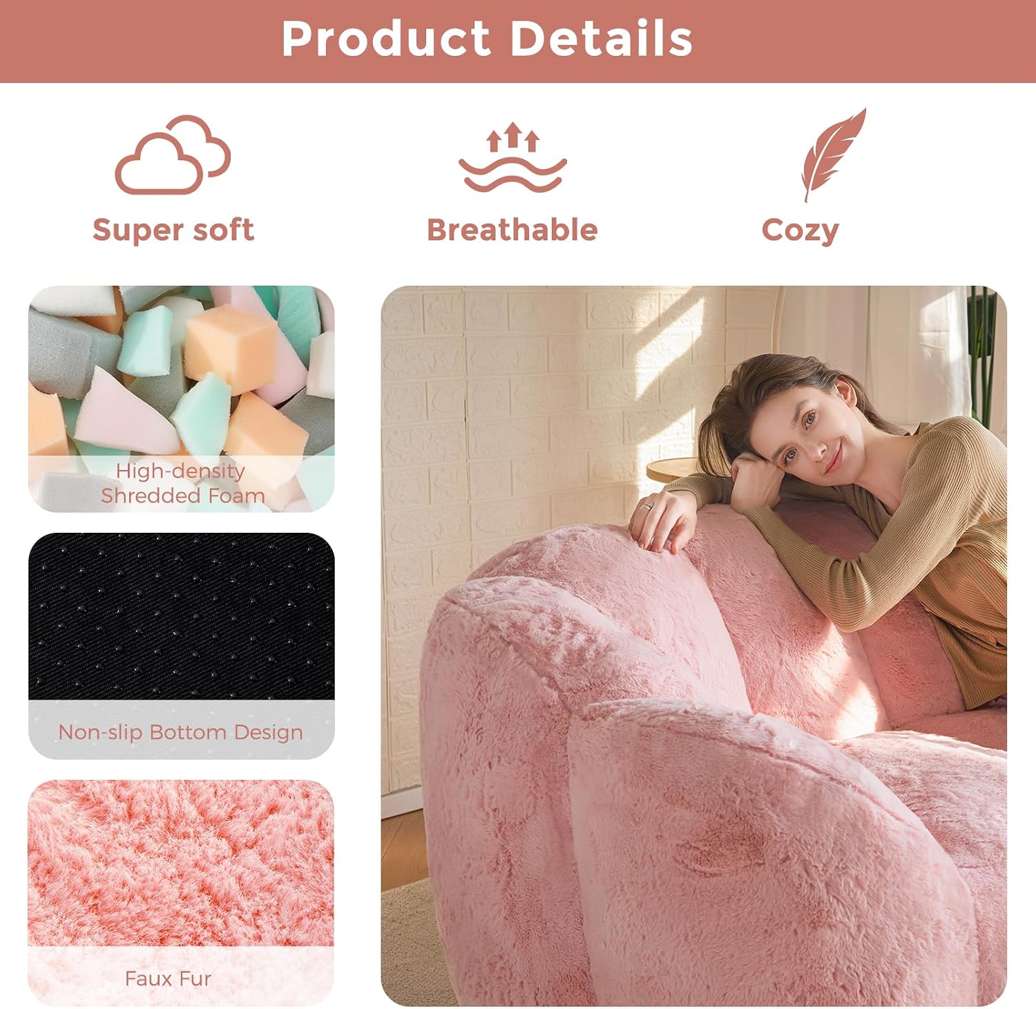 MAXYOYO Bean Bag Chair for Adults, Floral Shaped Bean Bag Sofa | Ultra Soft Faux Fur Floor Sofa, Large Reading Chair for Living Room Bedroom, Pink, Double