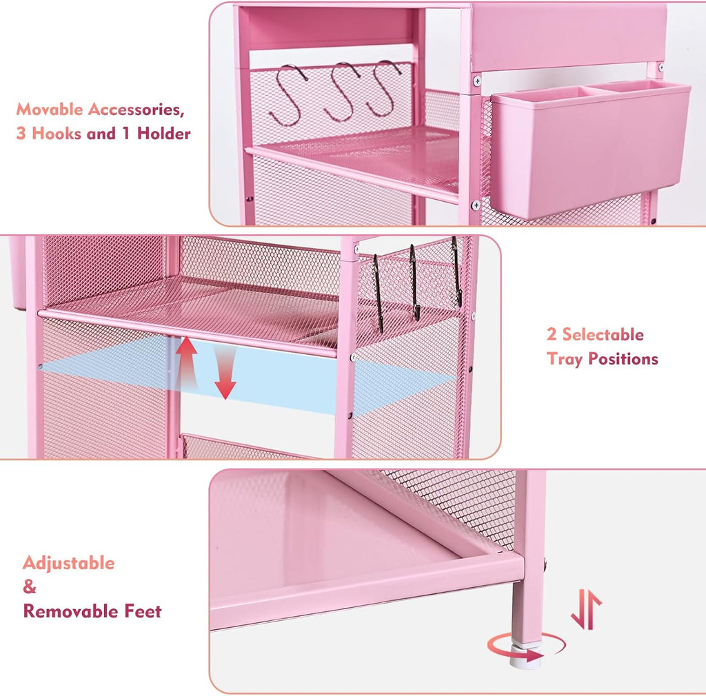 Pink Small Nightstand, Kids Nightstand for Bedroom, End Table with Hooks and Holder, Toddler Bedside Table for Girls, Desk Organizer for Office, Dorm (Pink)