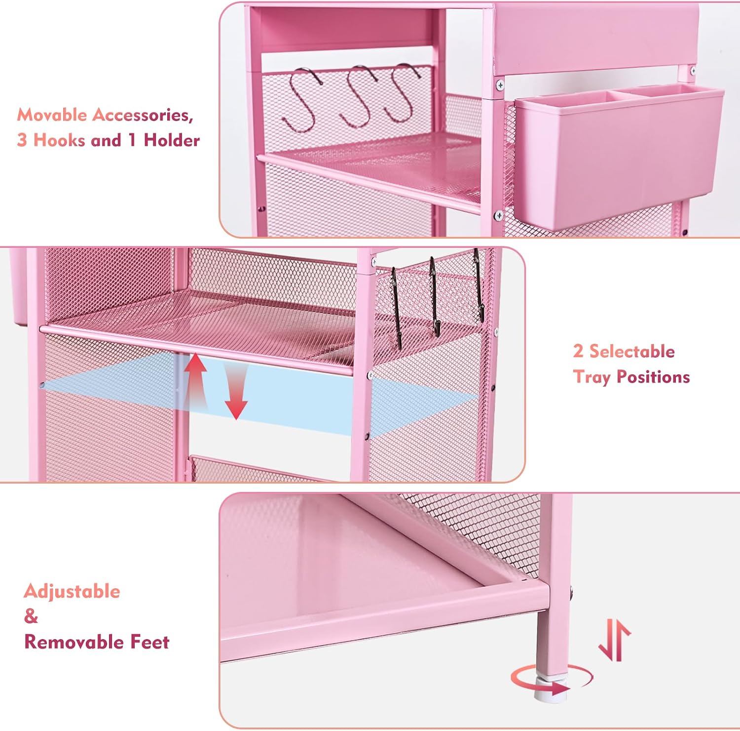 Pink Small Nightstand, Kids Nightstand for Bedroom, End Table with Hooks and Holder, Toddler Bedside Table for Girls, Desk Organizer for Office, Dorm (Pink)