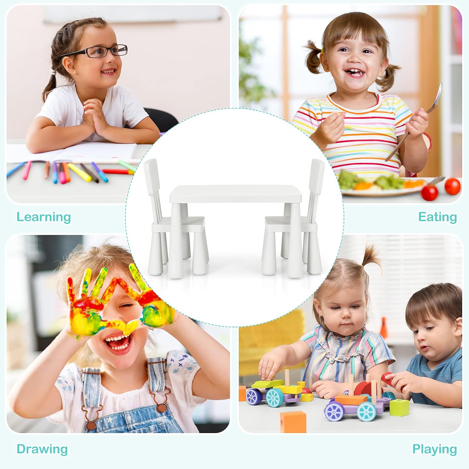 Costzon Kids Table and Chairs, 3 Piece Plastic Easy Clean Children Activity Desk for Reading, Drawing, Snack Time, Arts Crafts, Preschool, Kindergarten & Playroom, Toddler Table and Chair Set (White)
