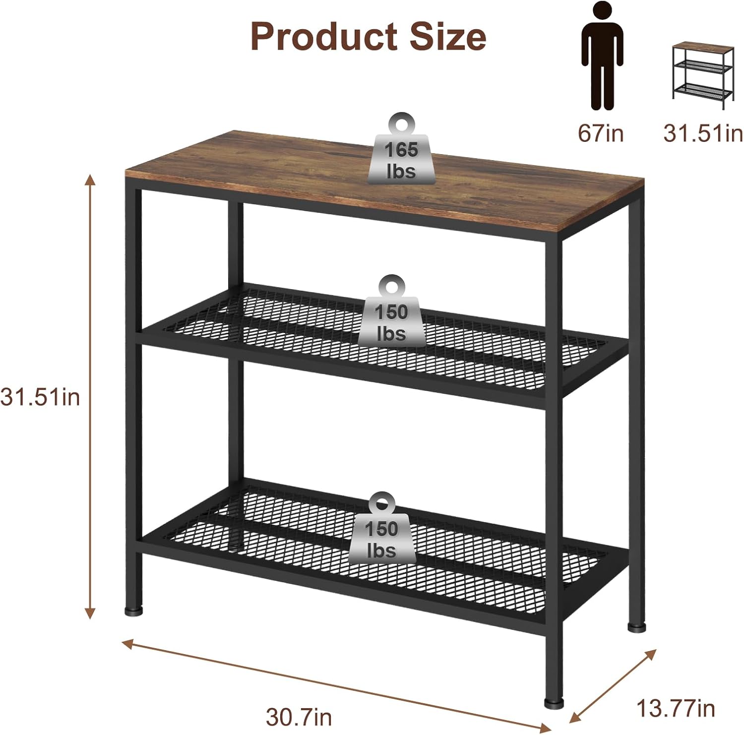 Kitchen Island with 3 Tier Storage, Height-Adjustable Kitchen Shelf, Microwave Stand for Dining, Sturdy Metal Frame, 30.7" L x 13.77" D x 31.51" H,Rustic Brown and Black