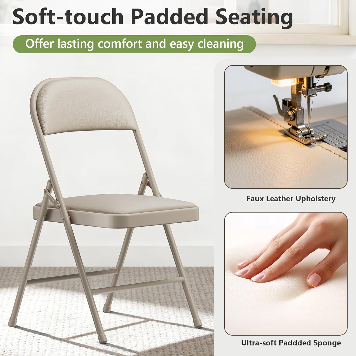 Folding Chairs 4 Pack,350 lbs Heavy Duty Metal Frame Folding Chairs with PU Leather Cushion, Ergonomic Foldable Chair with Non-Slip Feet, Portable Stackable Seating for Office Wedding Camping -Khaki