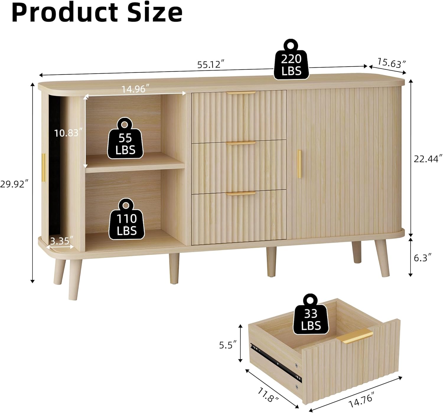 Lulive Natrual Buffet Cabinet, 55" Wide Sideboard Buffet Storage Cabinet with Rolling & Sliding Doors, Modern Bar Cabinet for Kitchen & Dining Room