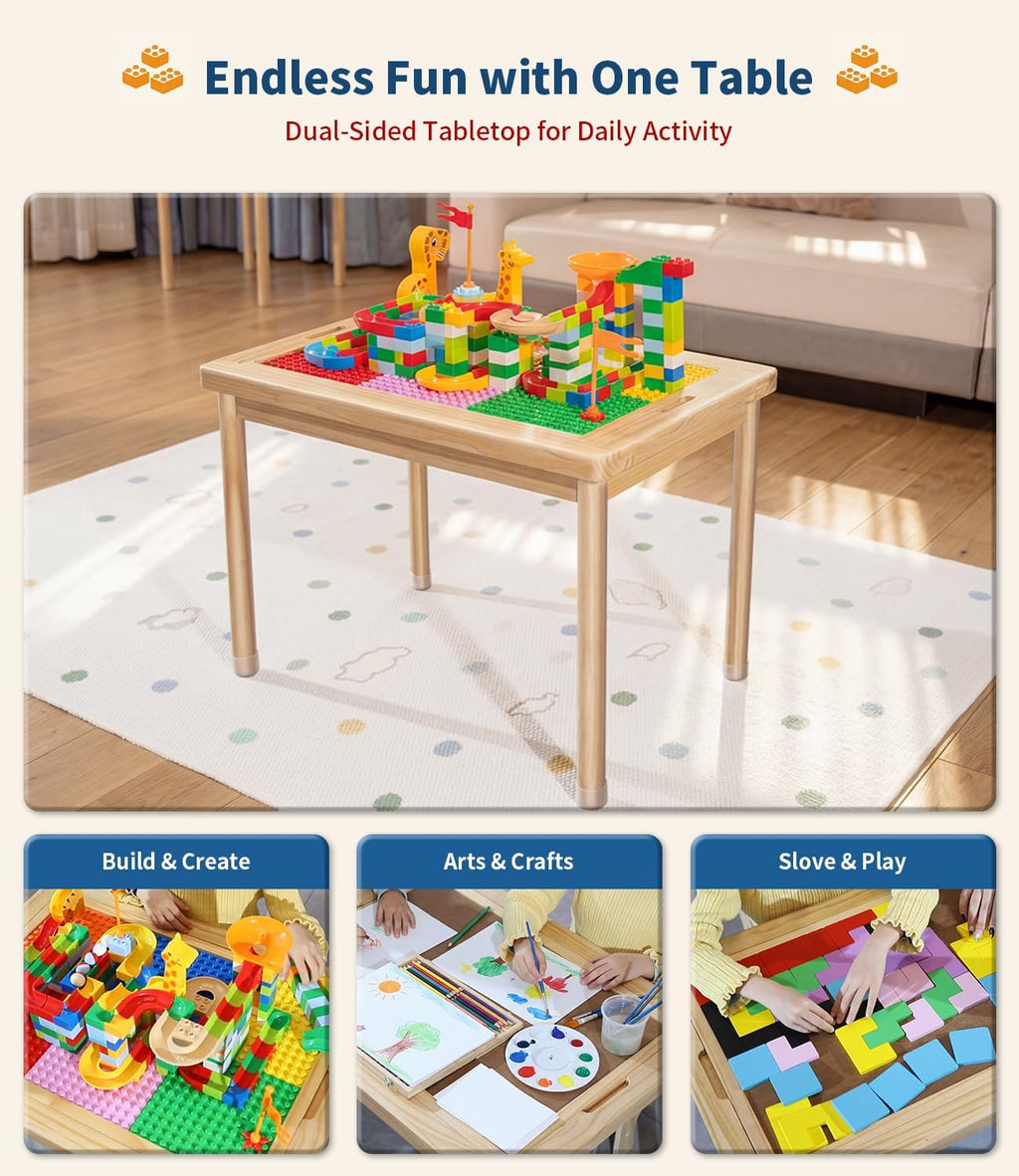 JOIN&JOY 28" Kids Activity Table, Compatible with Lego & Duplo Bricks, 4 Foldable Storage Bins, Premium Solid Pine Wood Play Desk, Reversible Tabletop for Multi-Child STEM Learning & Crafts