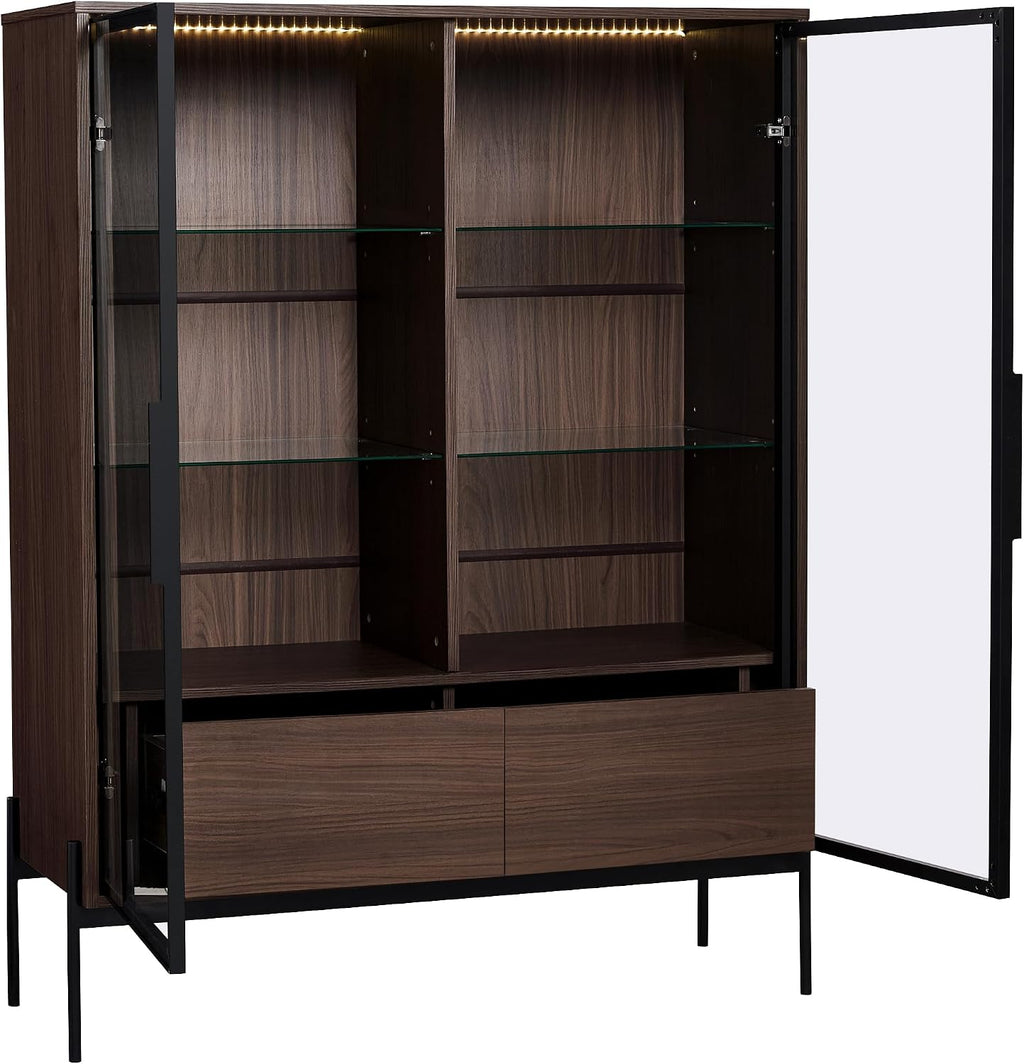 roomfitters 51.2'' Display Cabinet with Glass Doors, Pantry Storage Cabinet with Shelves for Living Room and Kitchen, Walnut