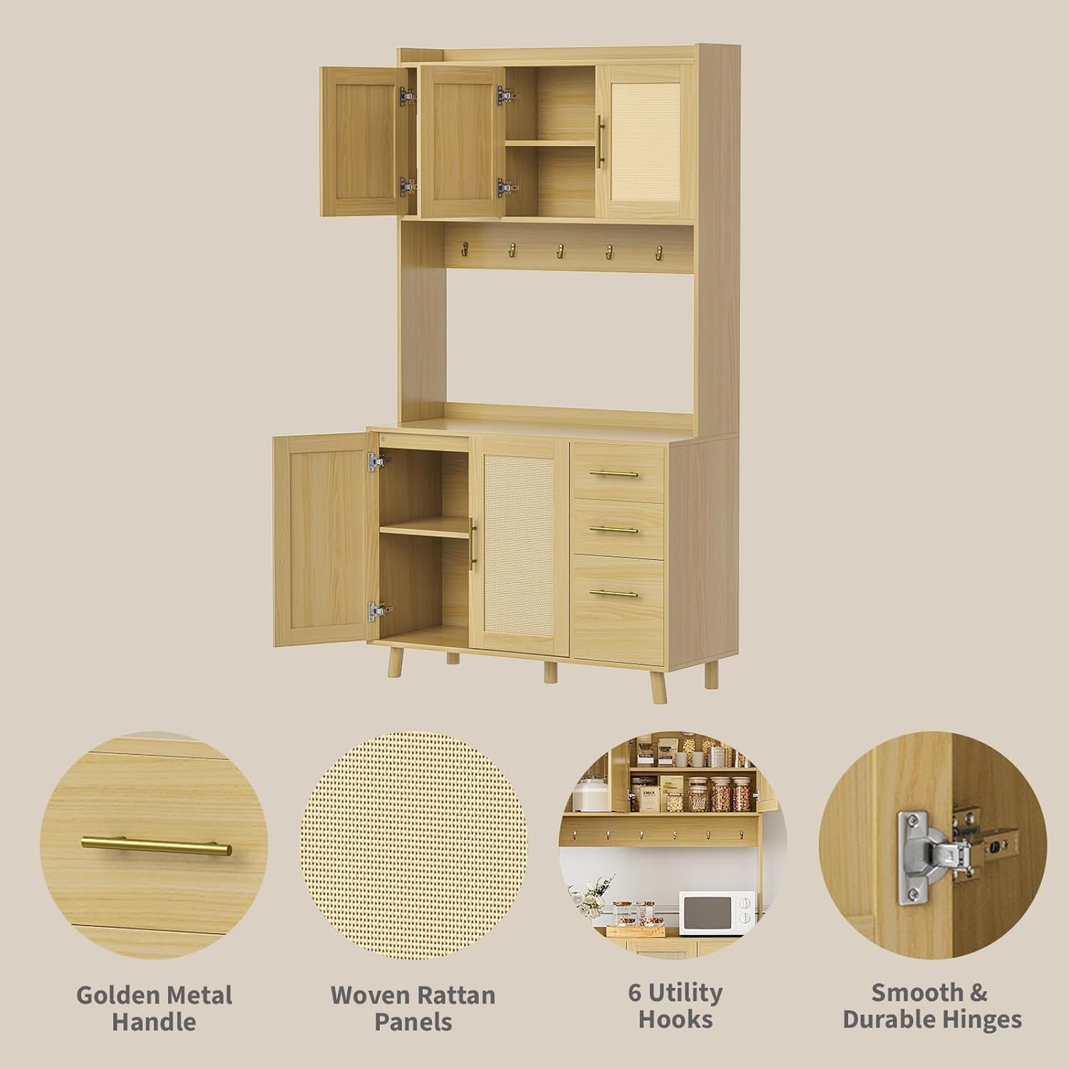 71" Tall Kitchen Pantry Cabinet, Freestanding Rattan Boho Hutch with Microwave Shelf, 3 Drawers & 6 Hooks for Kitchen, Living & Dining Room Storage-Natural