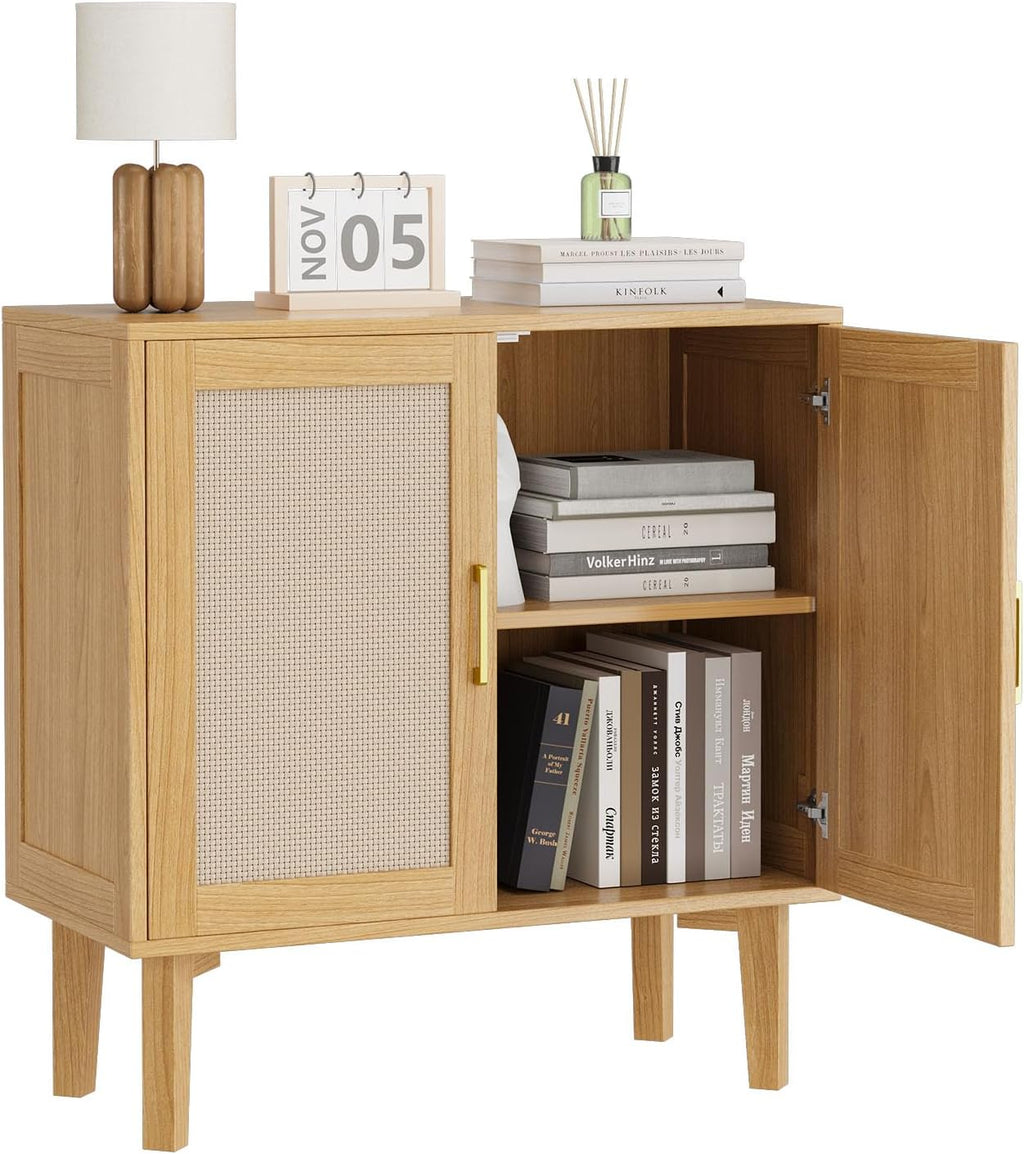 EVLIQUIL 32.2" Rattan Sideboard Cabinet, Modern Accent Storage Cabinet with Adjustable Shelf and Solid Wood Legs for Kitchen, Living Room, Entryway, Natural Oak
