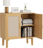 EVLIQUIL 32.2" Rattan Sideboard Cabinet, Modern Accent Storage Cabinet with Adjustable Shelf and Solid Wood Legs for Kitchen, Living Room, Entryway, Natural Oak