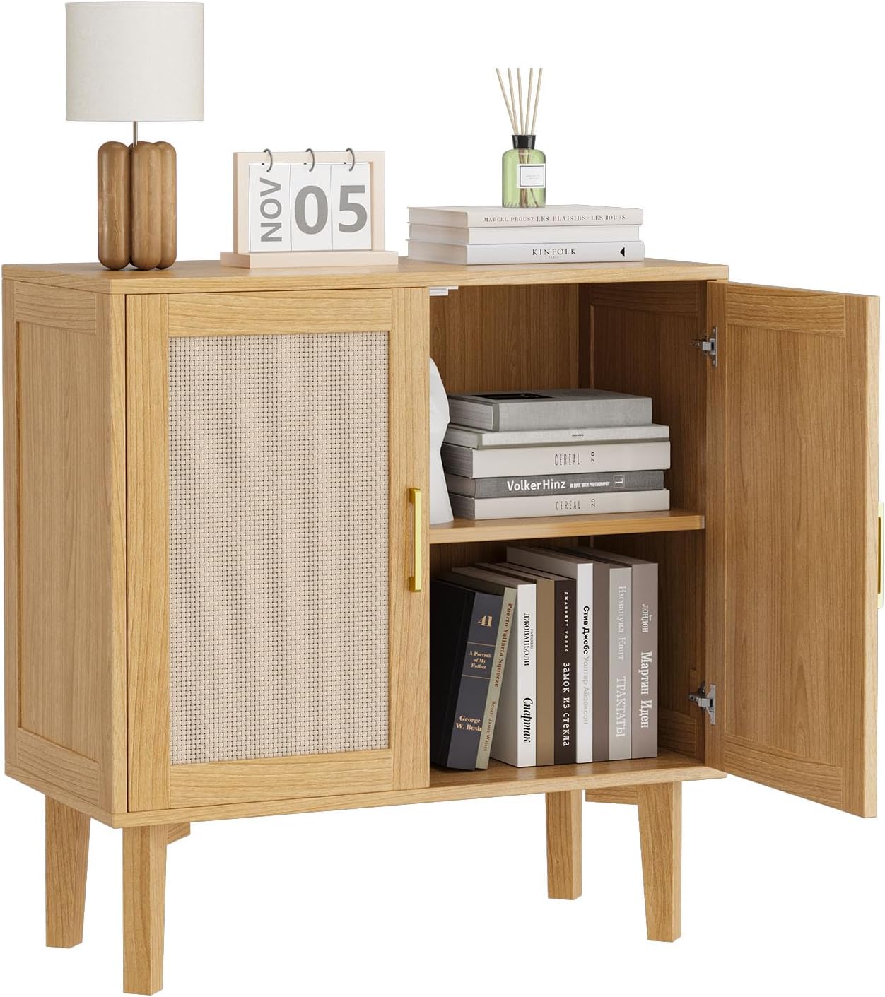 EVLIQUIL 32.2" Rattan Sideboard Cabinet, Modern Accent Storage Cabinet with Adjustable Shelf and Solid Wood Legs for Kitchen, Living Room, Entryway, Natural Oak