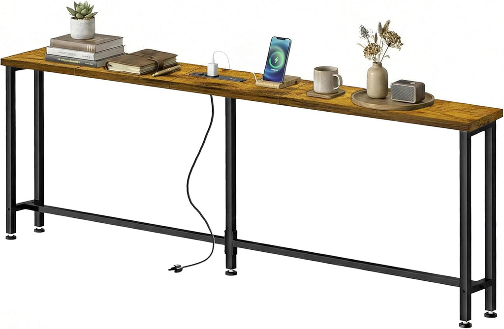70" Narrow Sofa Table with Outlet (2 AC Outlets & 2 USB Ports), Behind Couch Table with Charging Station, Long Skinny Console Table for Living Room, Entryway and Hallway (Rustic Brown)