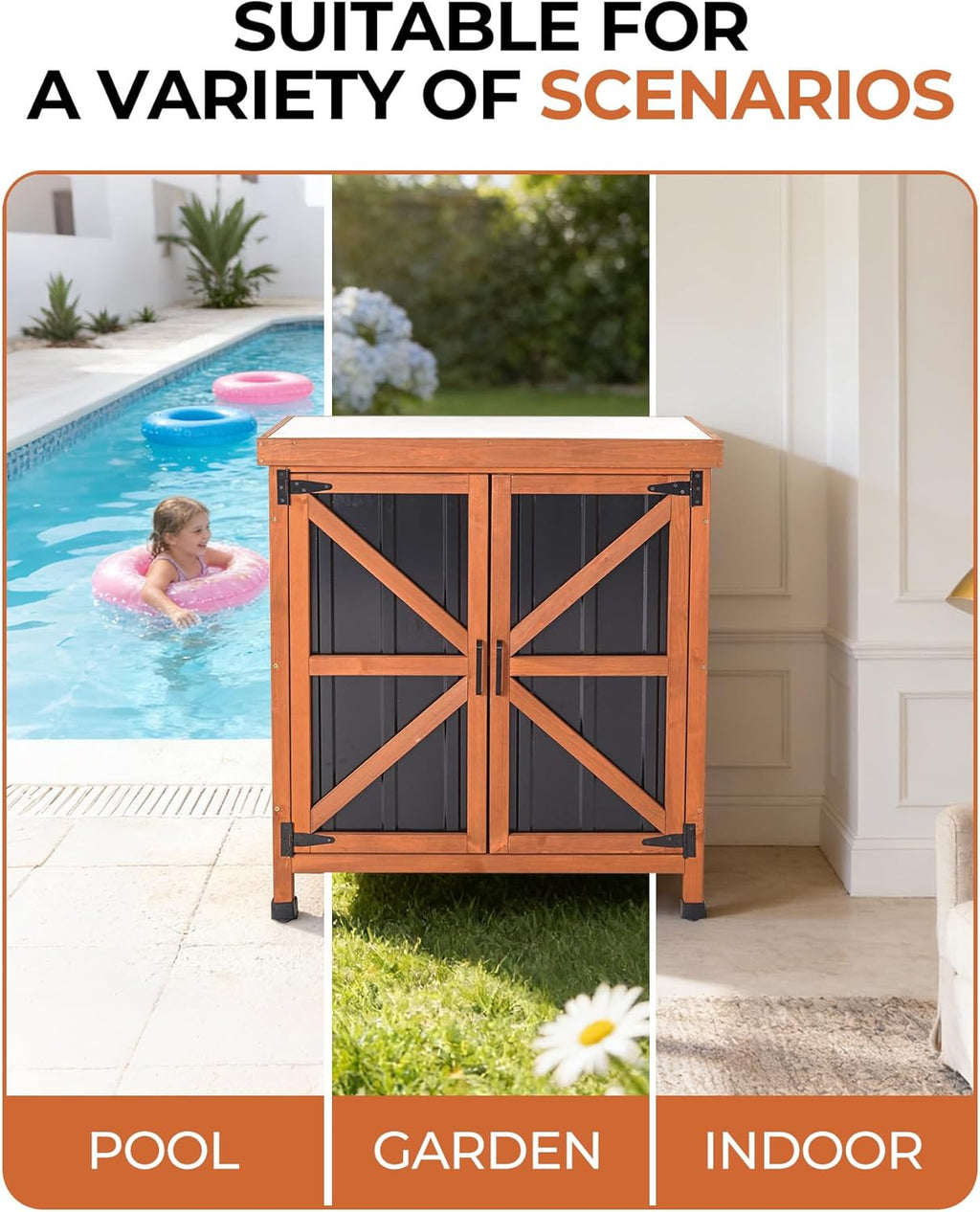Outdoor Storage Cabinet, 31.5"×17.7"×33.3" in Wood Garden Tool Shed with Rustproof Metal Top, Potting Bench for Patio, Backyard, Pool & Garage, Organizer with Shelves