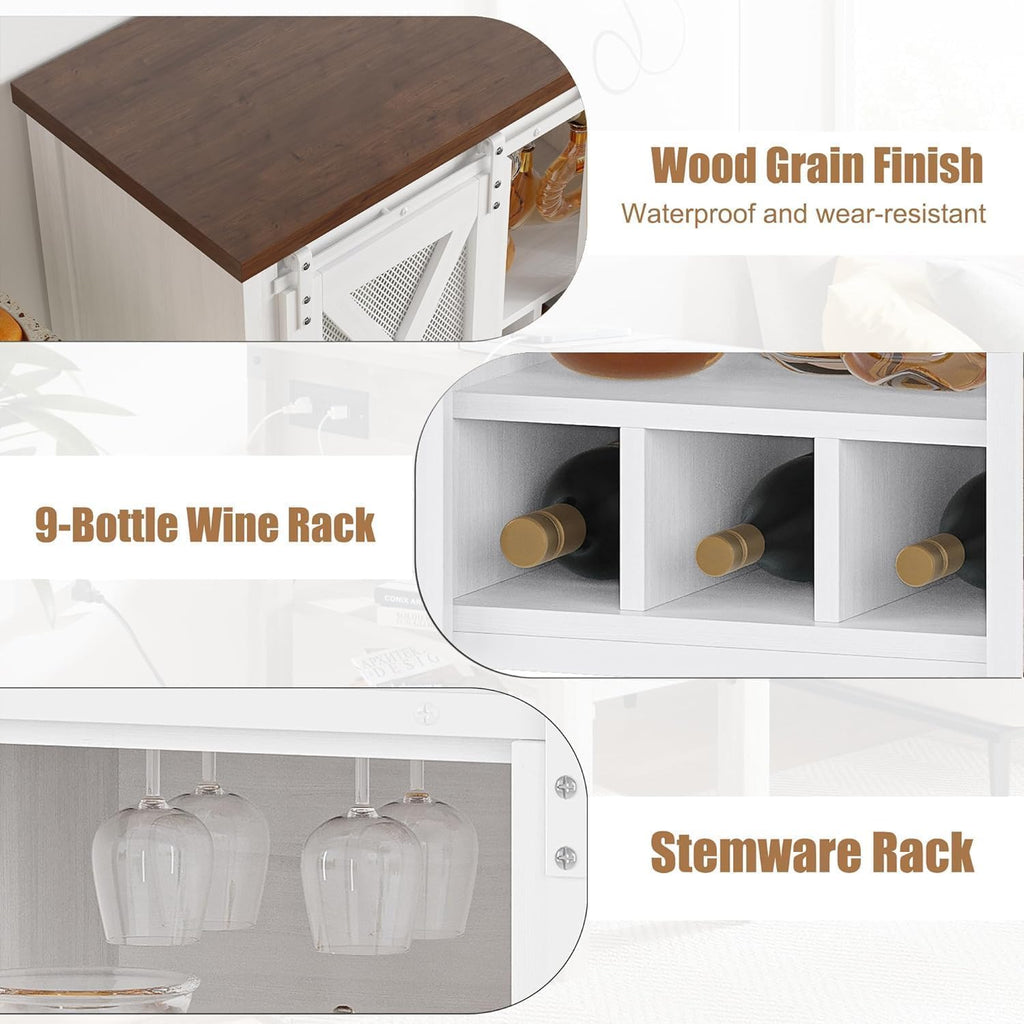 Garvee Wine Bar Cabinet with Storage - Sliding Barn Door Kitchen Buffet, Wood Sideboard Console with Wine Rack & Glass Holder for Living & Dining Room as a Coffee Bar, White