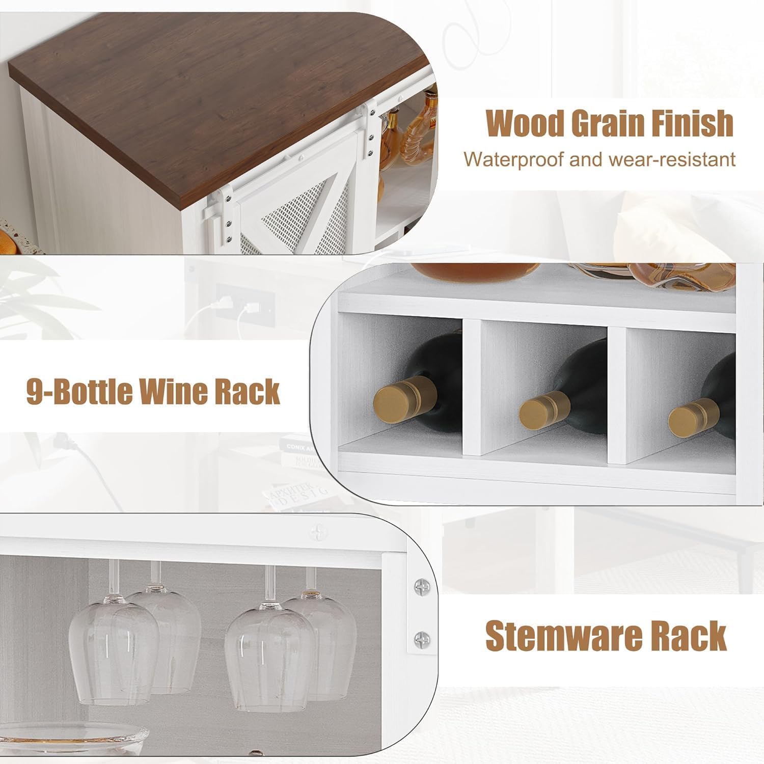Garvee Wine Bar Cabinet with Storage - Sliding Barn Door Kitchen Buffet, Wood Sideboard Console with Wine Rack & Glass Holder for Living & Dining Room as a Coffee Bar, White