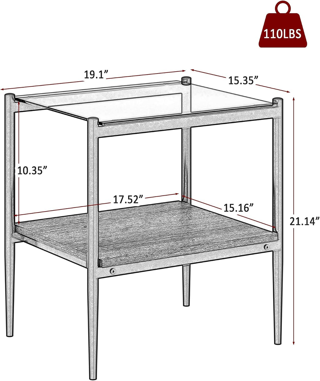 Set of 2 Rectangle Modern Glass End Table,Tempered Glass Top, Sofa Side Table with MDF Storage Shelf and Metal Legs,Modern Table for Living Room and Bedroom,Grey Glass/Black