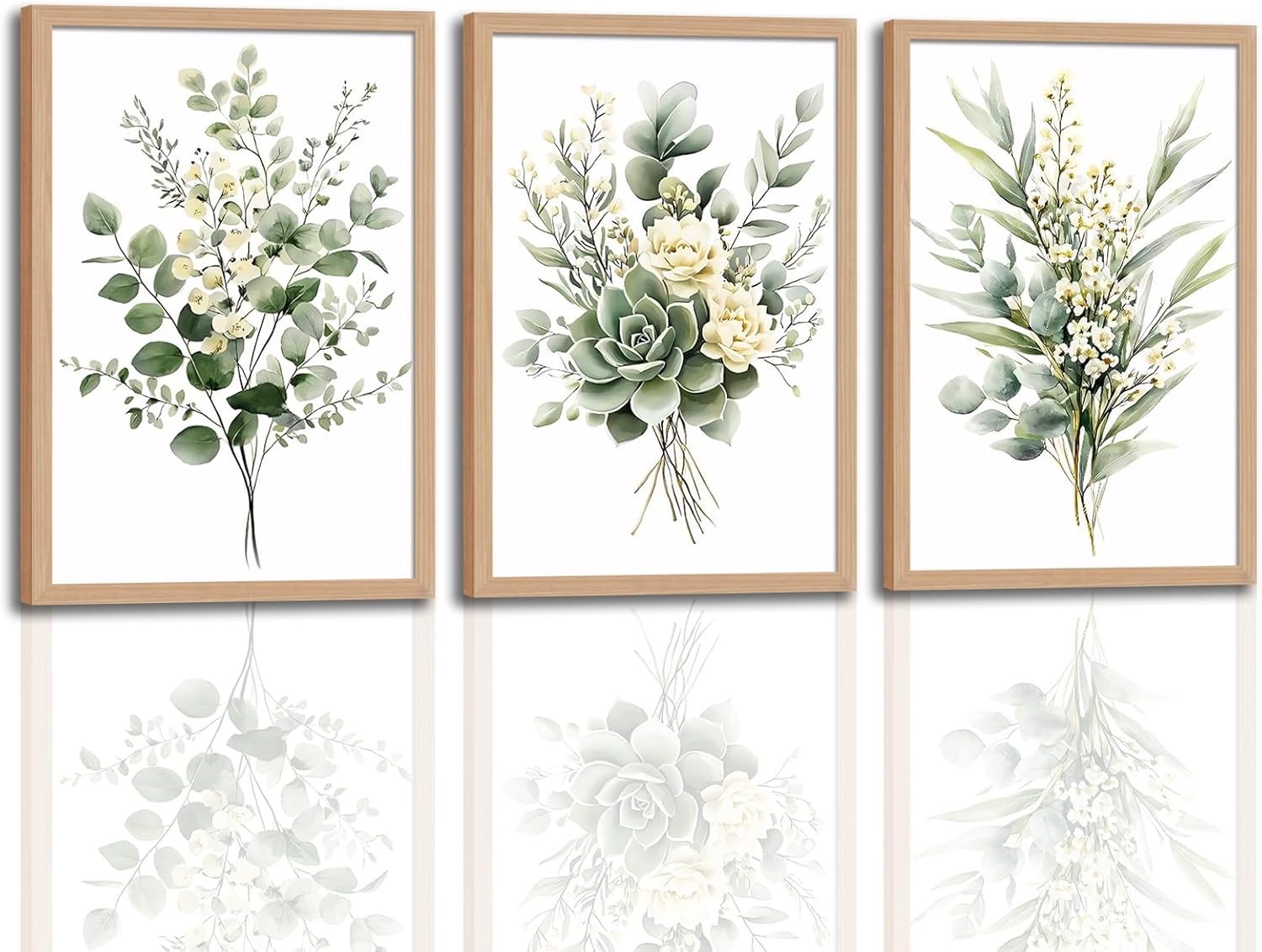3Pcs Framed Vintage Botanical Wall Art Plant Floral Watercolor Canvas Prints Sage Green Painting Eucalyptus Leaf Picture Modern Minimalist Boho Bedroom Bathroom Living Room Ready to Hang 12x16in
