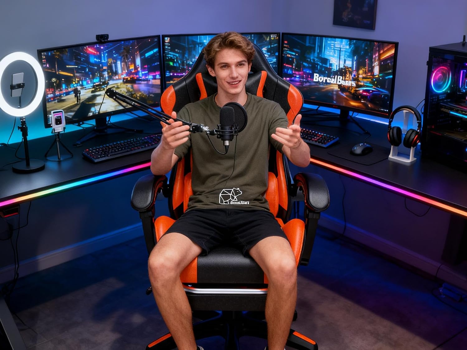 Ergonomic Gaming Chair with Footrest for Adults, Reclining High-Back Computer Chair with Lumbar Support & Headrest, PU Leather Height Adjustable Gaming Chair with Linked Armrests, Orange Black
