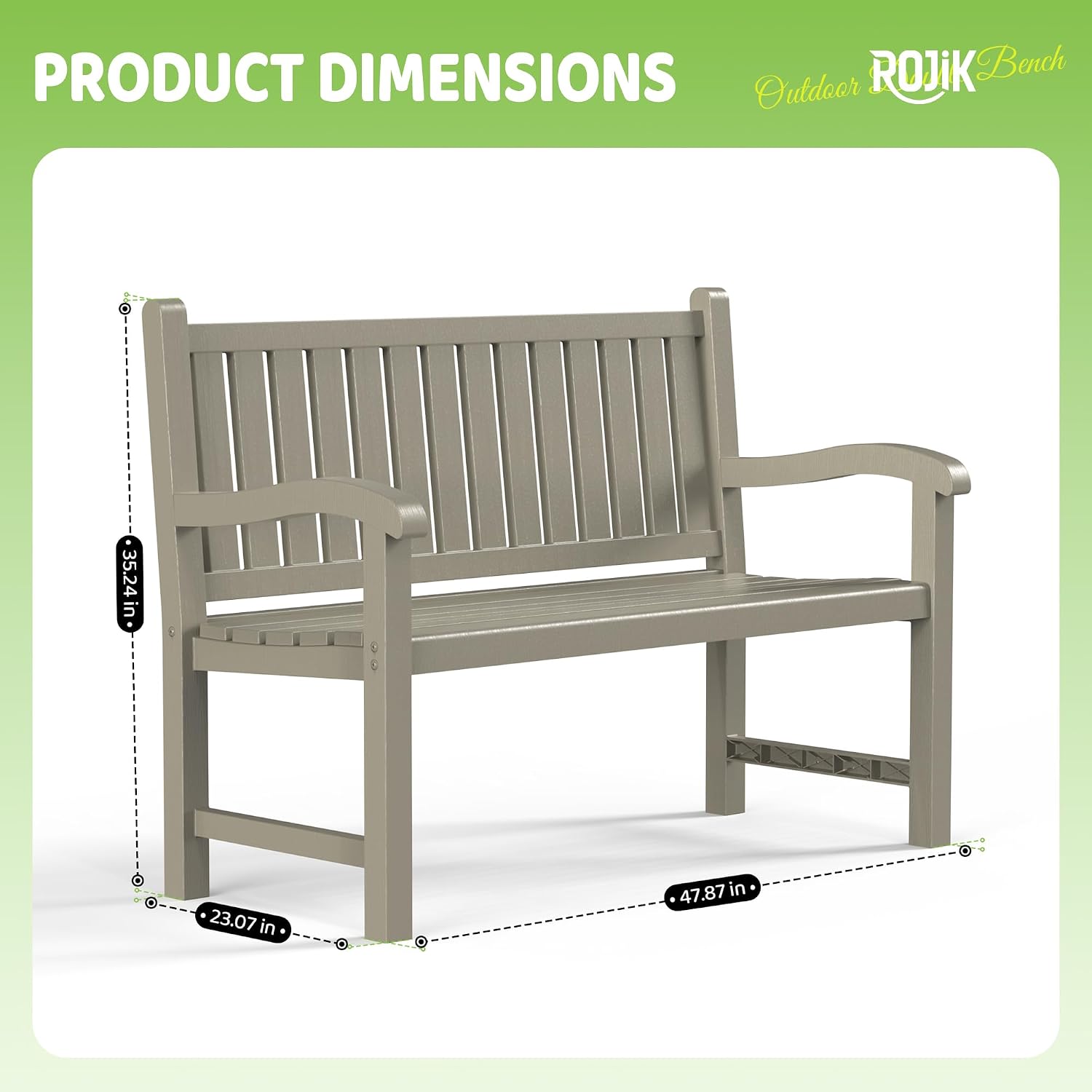 ROJIK Outdoor Bench Resin Patio Chairs Waterproof 2-Person Slatted Chairs with Sturdy Frame, Comfortable Seating for Garden Backyard Porch and Park(Grey)