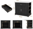 40“ L Black Kitchen Island with A 14.5” W Folding Faux Marble Tabletop, Wooden Kitchen Island with Power Outlet, Storage Cabinet & Drawer and Open Adjustable Shelving