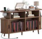 55-Inch Large Vinyl Record Rack with Charging Station, Mid-Century Walnut Record Storage Shelf, Open-Shelf Design with 3 Compartments, Vinyl Album Organizer for the Bedroom or Living Room