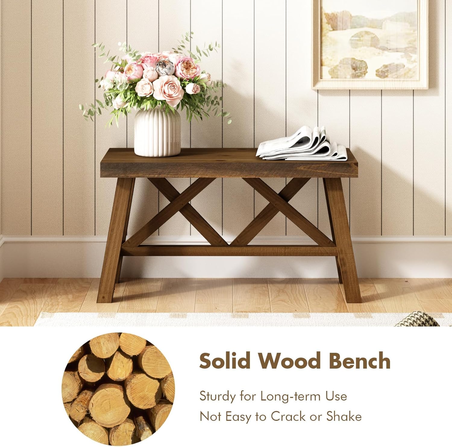 Wnutrees 30" Farmhouse Wood Bench, Rustic Solid Wood Entryway Bench Seat with Double X-Structure for Dining Area Living Room Hallway, Structural Stability, Natural