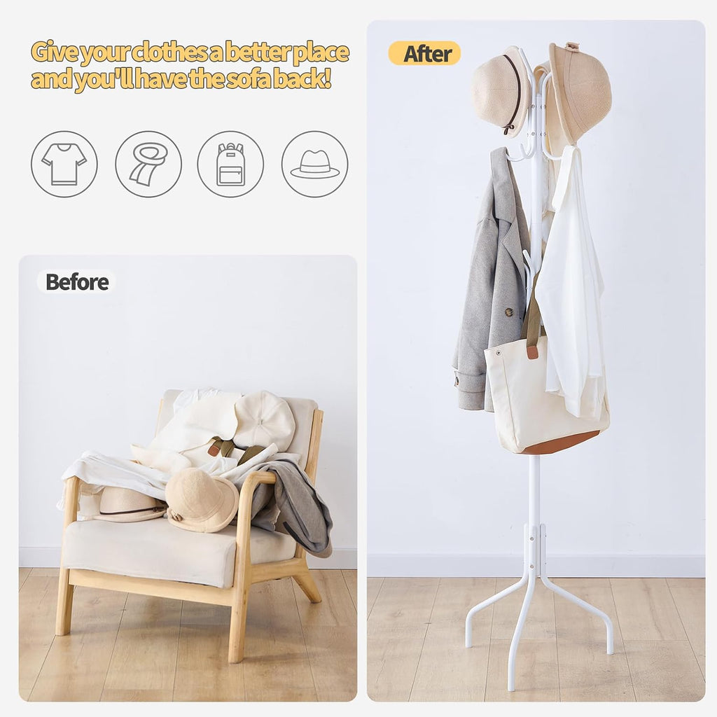 Coat Rack Freestanding for entryway,Living Room,Bedroom,Metal coat tree with12 Hooks and 3 Legs,hat stand (White)