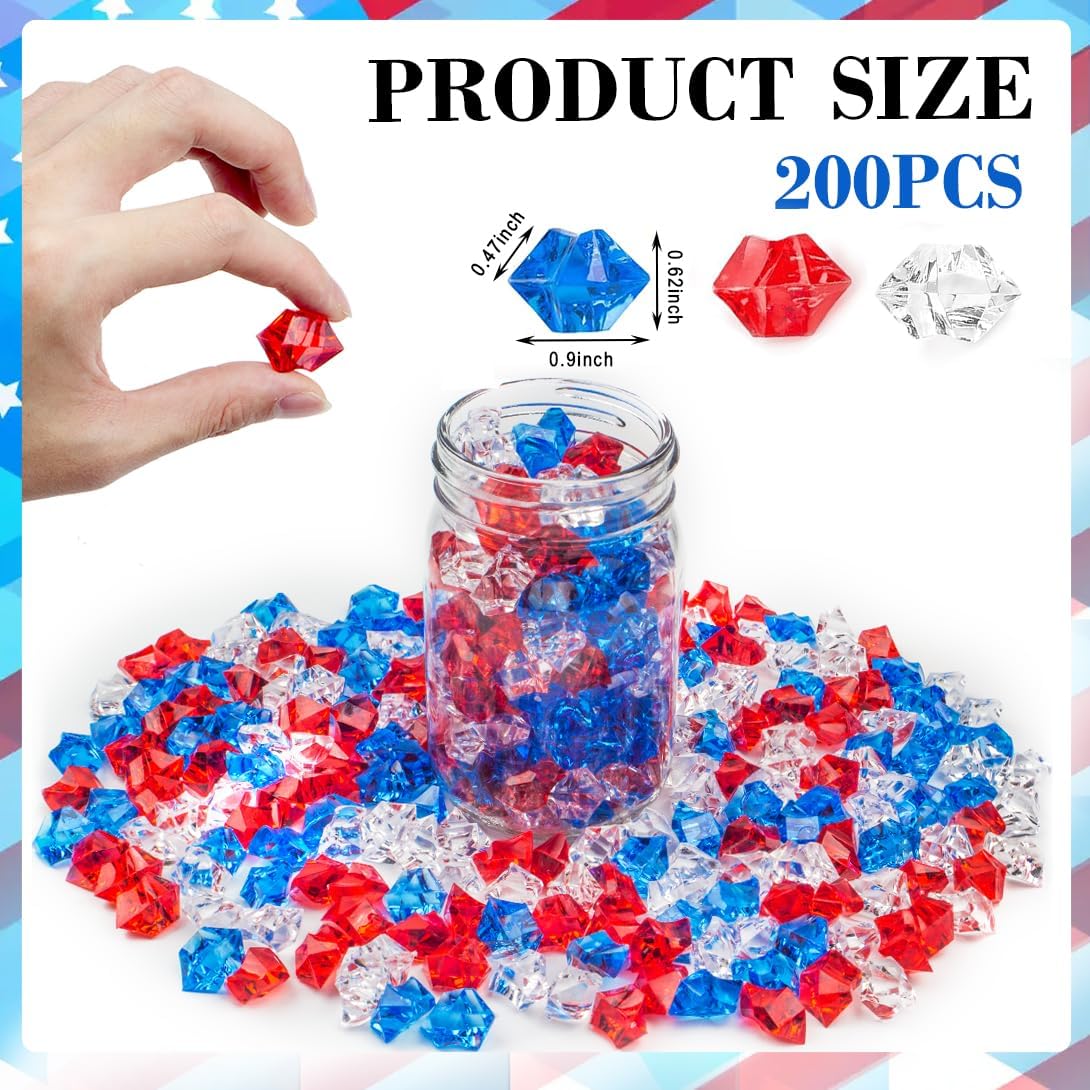 200PCS Patriotic Vase Filler Acrylic Fake Ice Rocks, Red White and Blue 4th of July Decorations for Centerpieces, Independence Day Table & Event Decor