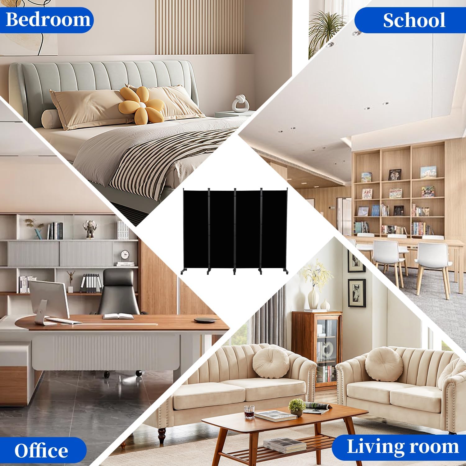 Room Divider 6FT Room Partition with Lockable Wheels, (Thicked Metal Base) Room Dividers, Freestanding Indoor Folding Privacy Screens, Portable Fabric Wall Divider for (Black, 88"- 4 Panel)