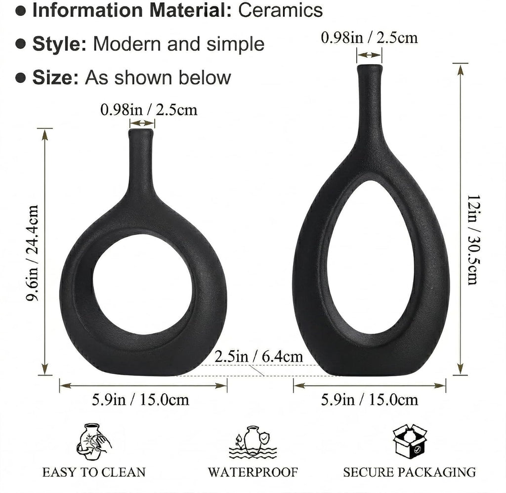 Black Ceramic Hollow Elliptical Vase Set of 2 - Boho Circle Vase with Hole, for Modern Black Table Decor, Living Room Decor Shelf mid Century Modern Home Entrance Decorative vase