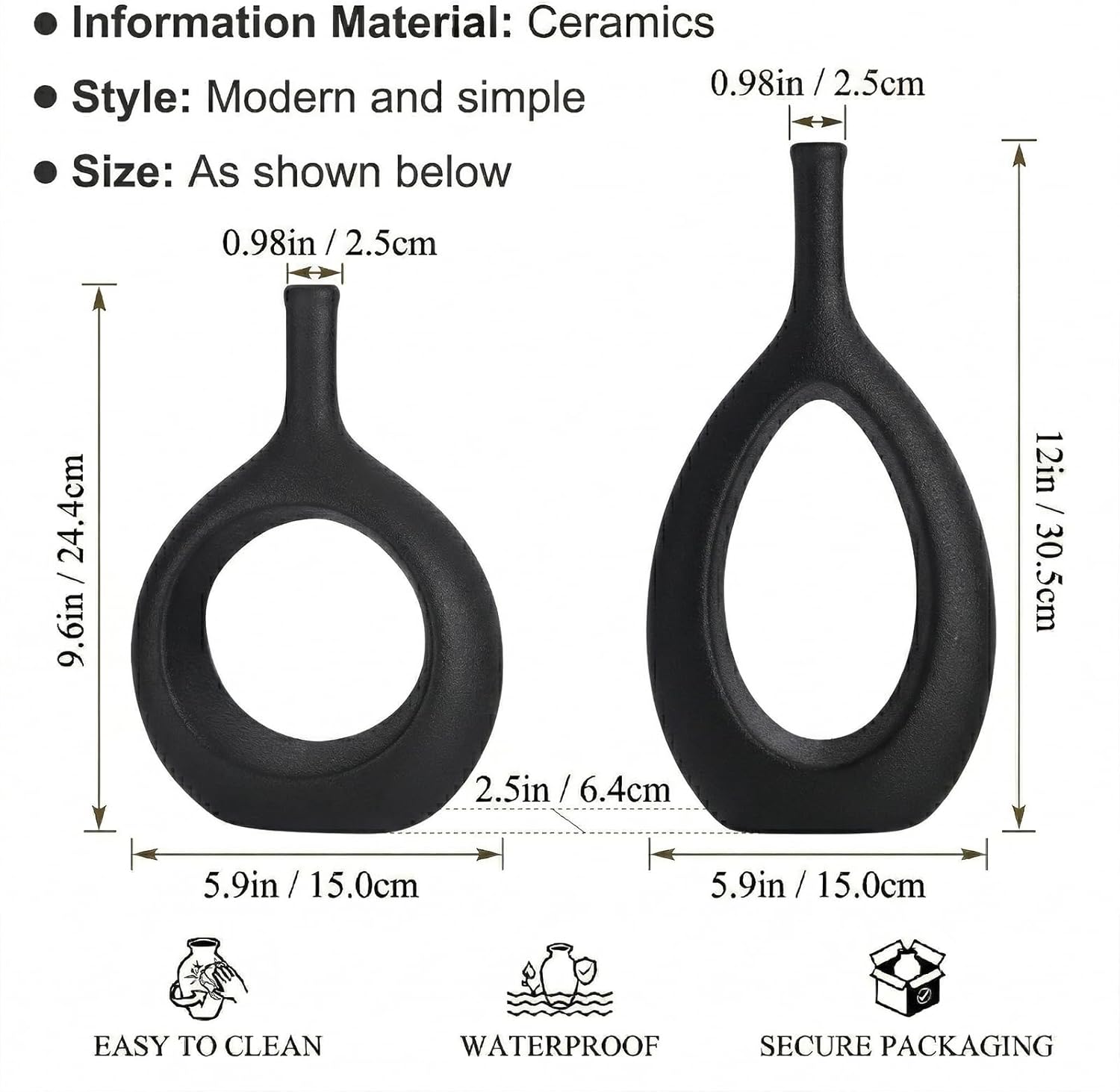Black Ceramic Hollow Elliptical Vase Set of 2 - Boho Circle Vase with Hole, for Modern Black Table Decor, Living Room Decor Shelf mid Century Modern Home Entrance Decorative vase