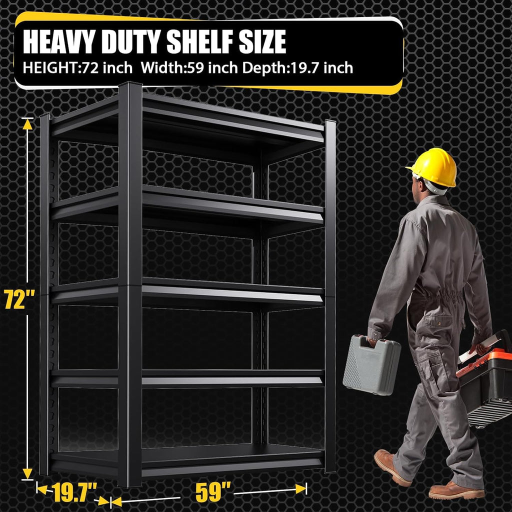 Garage Shelving Heavy Duty, 3000LBS Garage Shelves, 5-Tier Adjustable Metal Shelving Unit, Garage Storage Shelves, Utility Storage Rack Shelf，Shelves for Garage Storage, 72" H×59" W×19.7" D