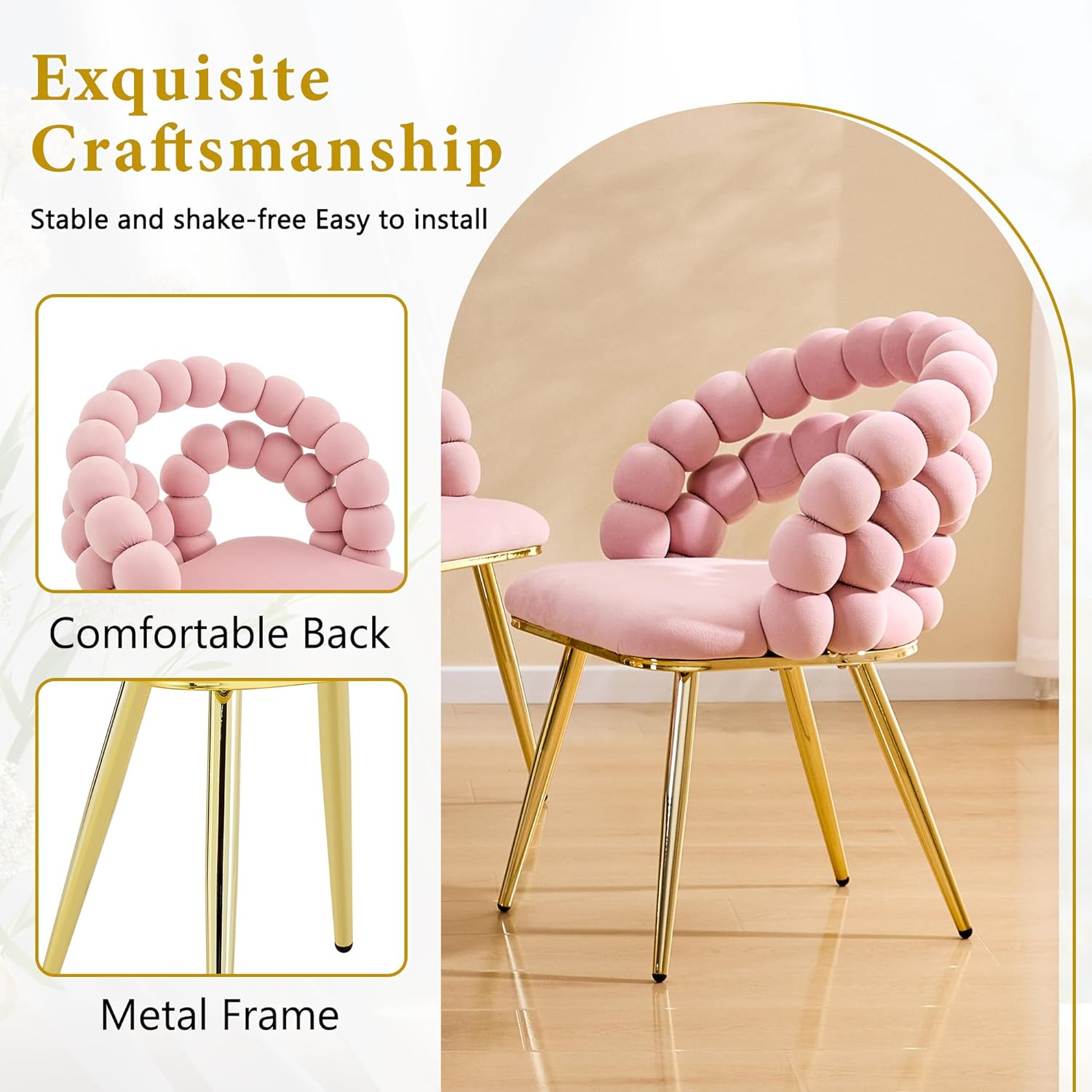 Montary Modern Pink Velvet Dining Chairs with Bubble Back, Set of 2 Accent Chair with Gold Metal Legs, Upholstered Vanity Chair for Dining Room, Living Room, Bedroom