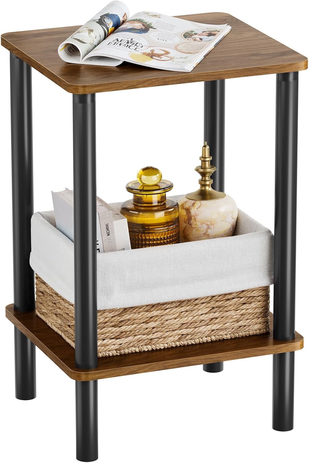 Open Shelves Side Table with Storage, 2-Tier Living Room End Tables, Night Table, 1-Min Installation Without Tools, Nightstand for Bedroom, Rustic Brown and Black