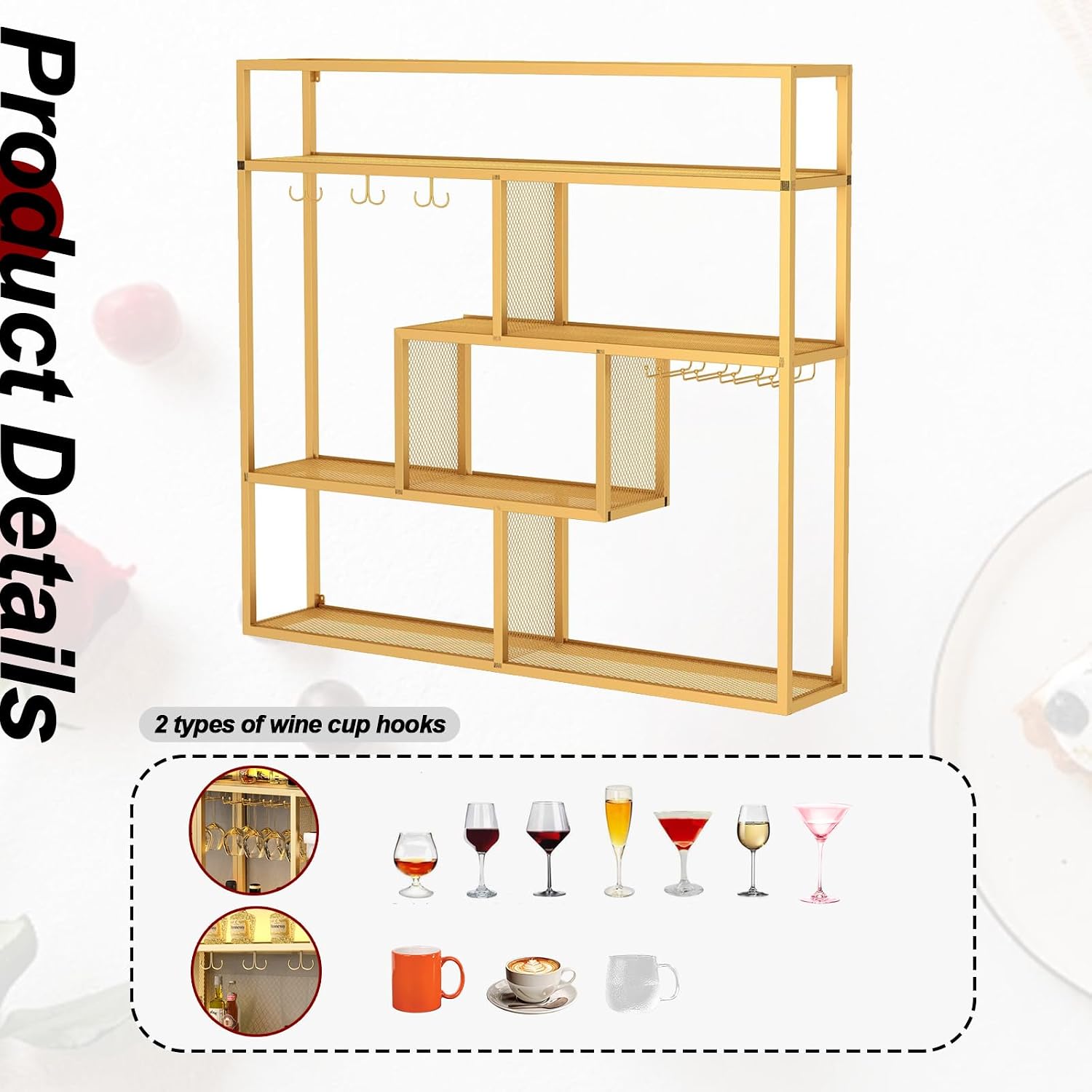 Black Wall Mounted Wine Rack with Hanging Stemware Glass Holder, 4 Tier Liquor Bottle Display Shelf, Floating Bar Storage Organizer for Home, Kitchen, Restaurant, Liquor Cabinet Decor (Gold, 95in)
