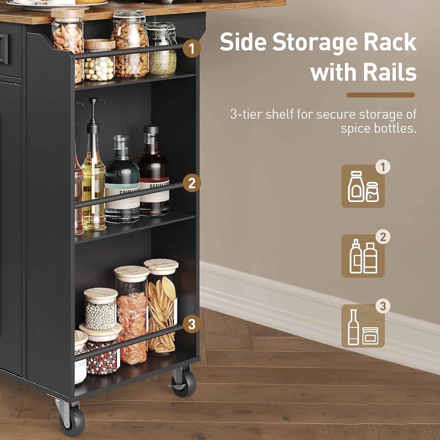 RALGEND Kitchen Island with Power Outlets & Drop Leaf, Rolling Kitchen Cart on Wheels, Kitchen Storage Island with Spice Rack and Drawer for Kitchen, Dinning Room, Black and Rustic Brown