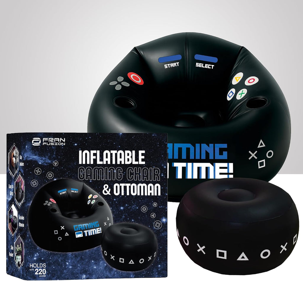 FranFusion Inflatable Gaming Chair for Kids & Teens with Cup Holders and Side Pocket - This Air Bean Bag Game Chair is The Perfect Furniture for Gamer Room Décor (Gaming Time with Ottoman)