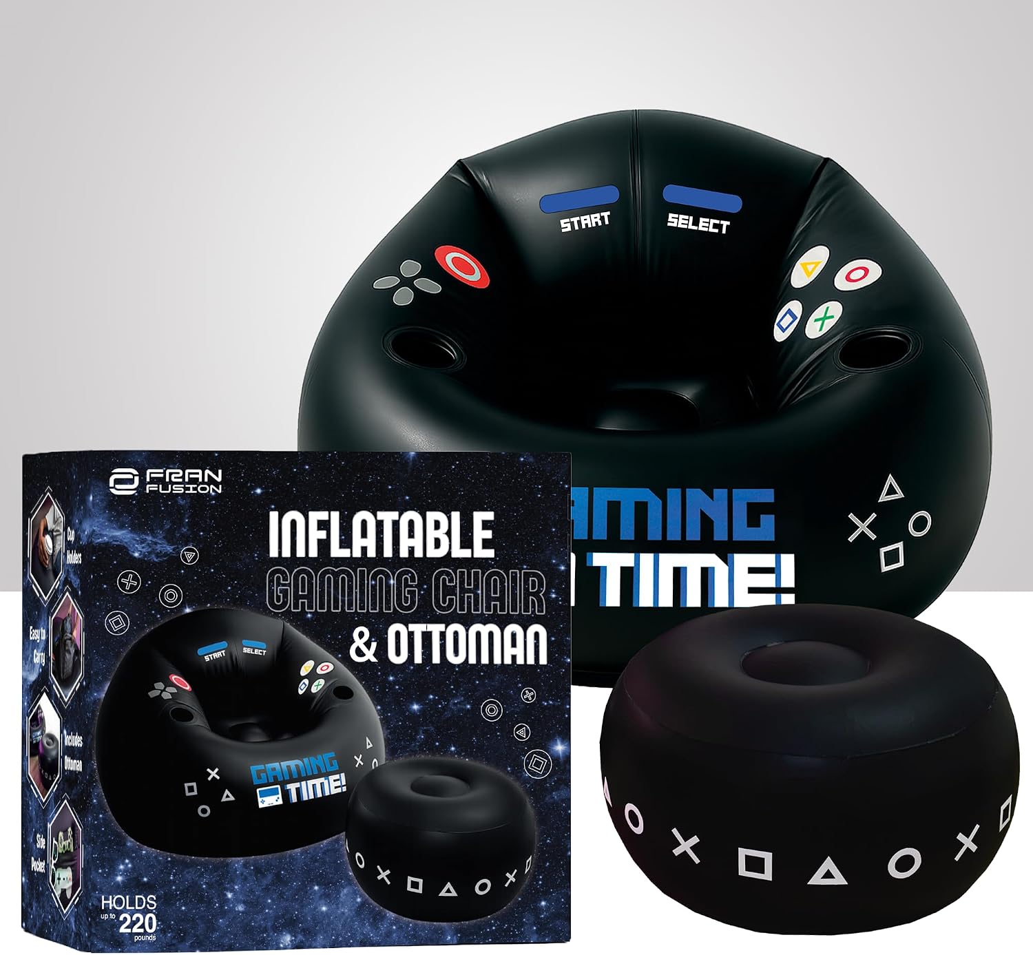 FranFusion Inflatable Gaming Chair for Kids & Teens with Cup Holders and Side Pocket - This Air Bean Bag Game Chair is The Perfect Furniture for Gamer Room Décor (Gaming Time with Ottoman)