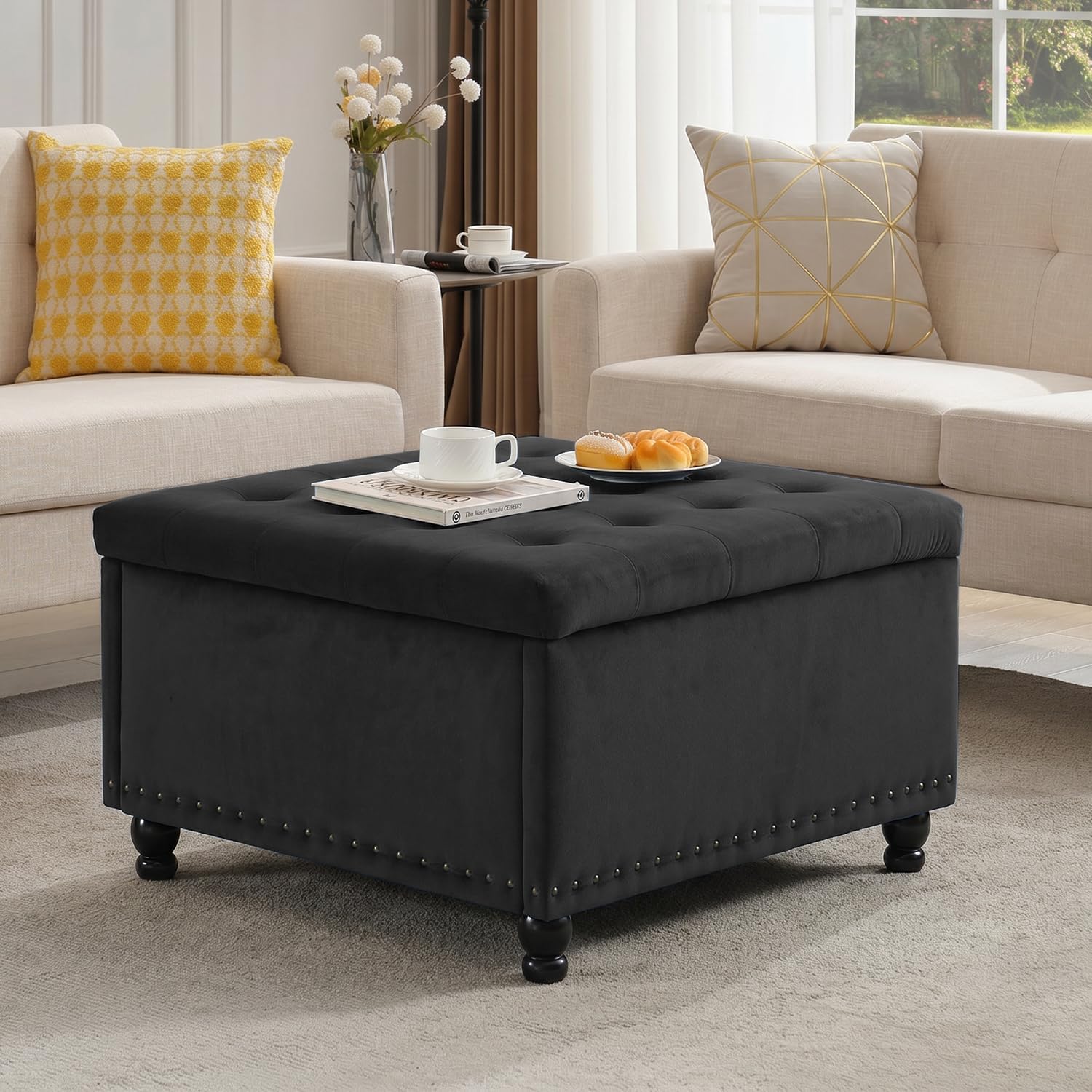 Tbfit Large Square Storage Ottoman Bench, Button Tufted Upholstered Coffee Table Ottoman with Wooden Legs, Oversized Storage Ottomans Toy Box Footrest for Living Room, Black Velvet
